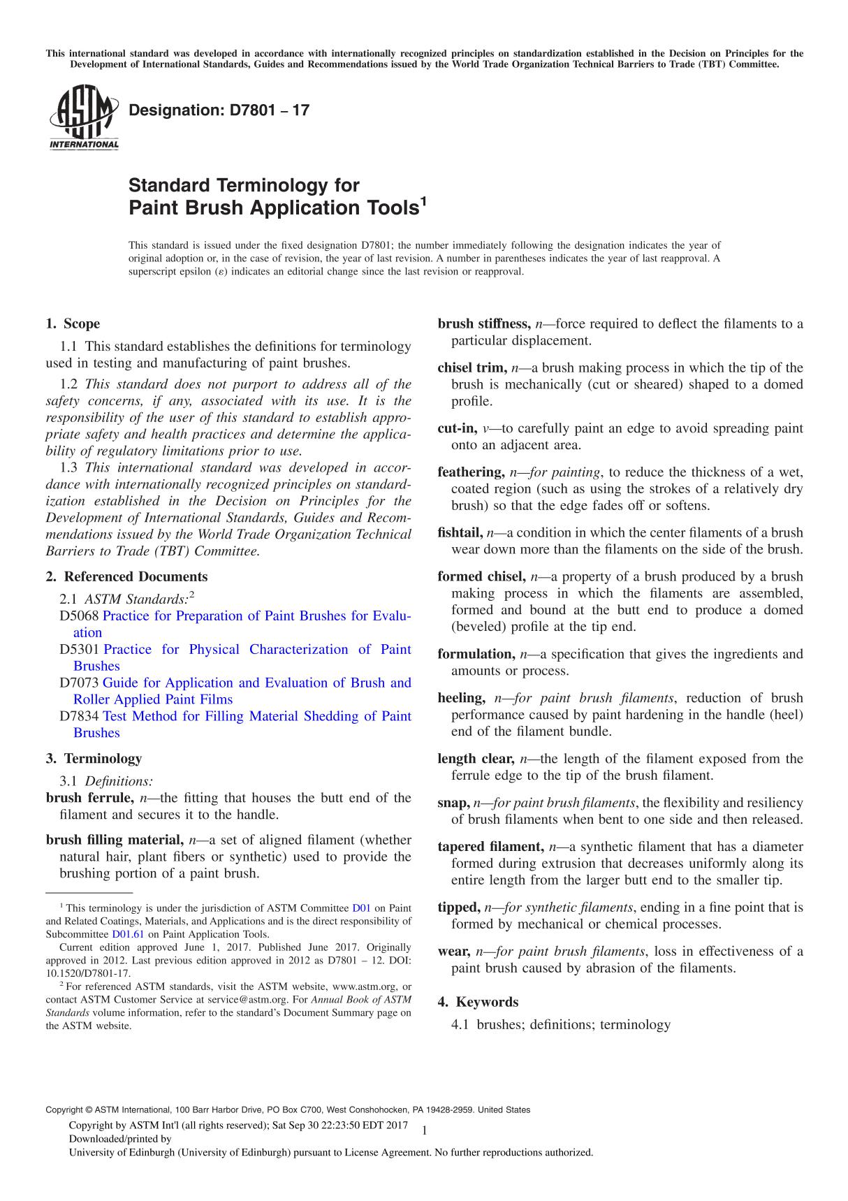 ASTM D7801-17 Standard Terminology for Paint Brush Application Tool