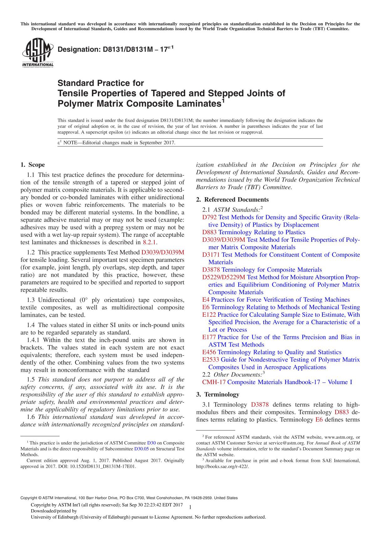 ASTM D8131 D8131M-17e1 Standard Practice for Tensile Properties of Tapered and Stepped Joints of Polymer Matrix Composite Lamina