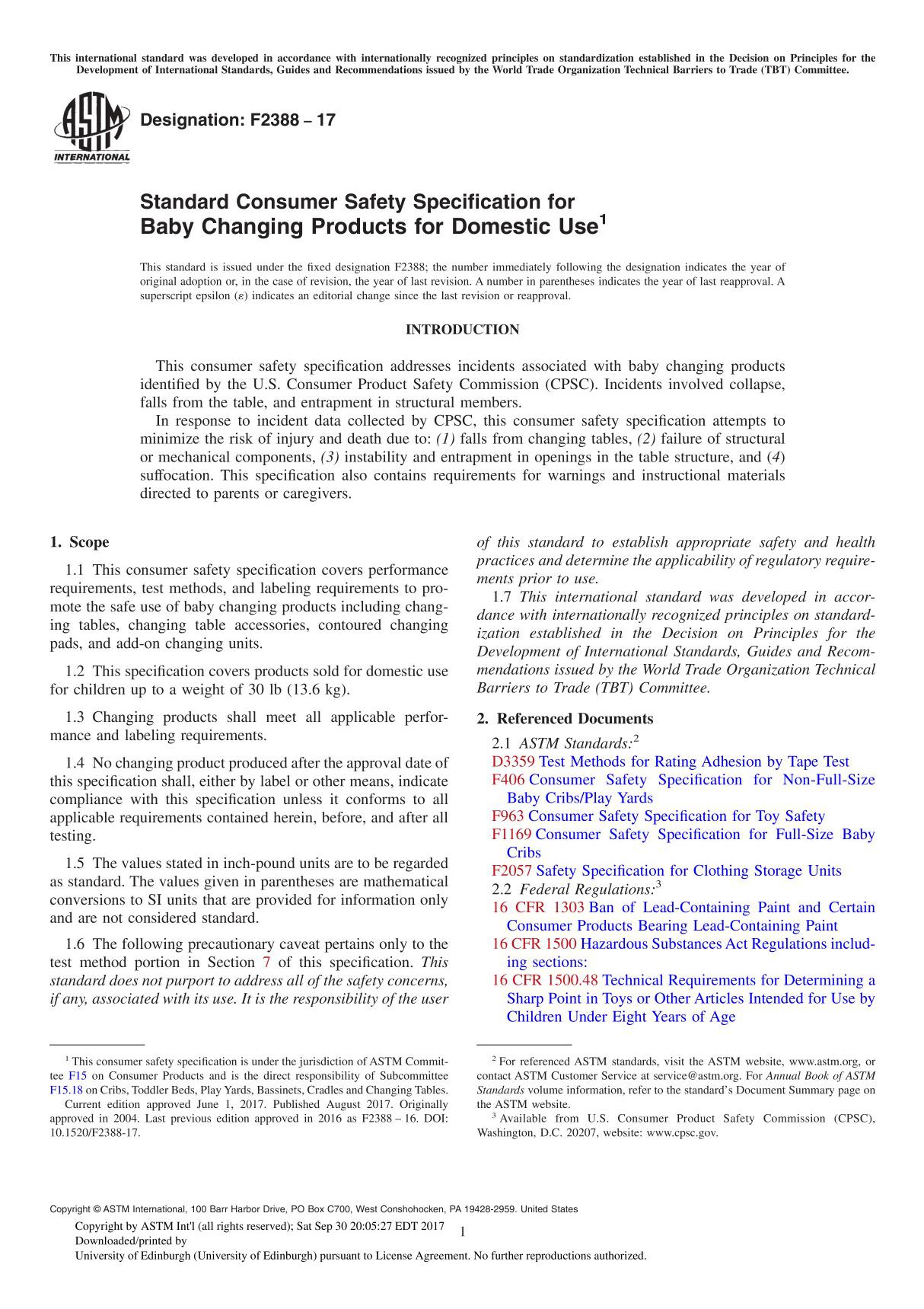 ASTM F2388-17 Standard Consumer Safety Specification for Baby Changing Products for Domestic Use