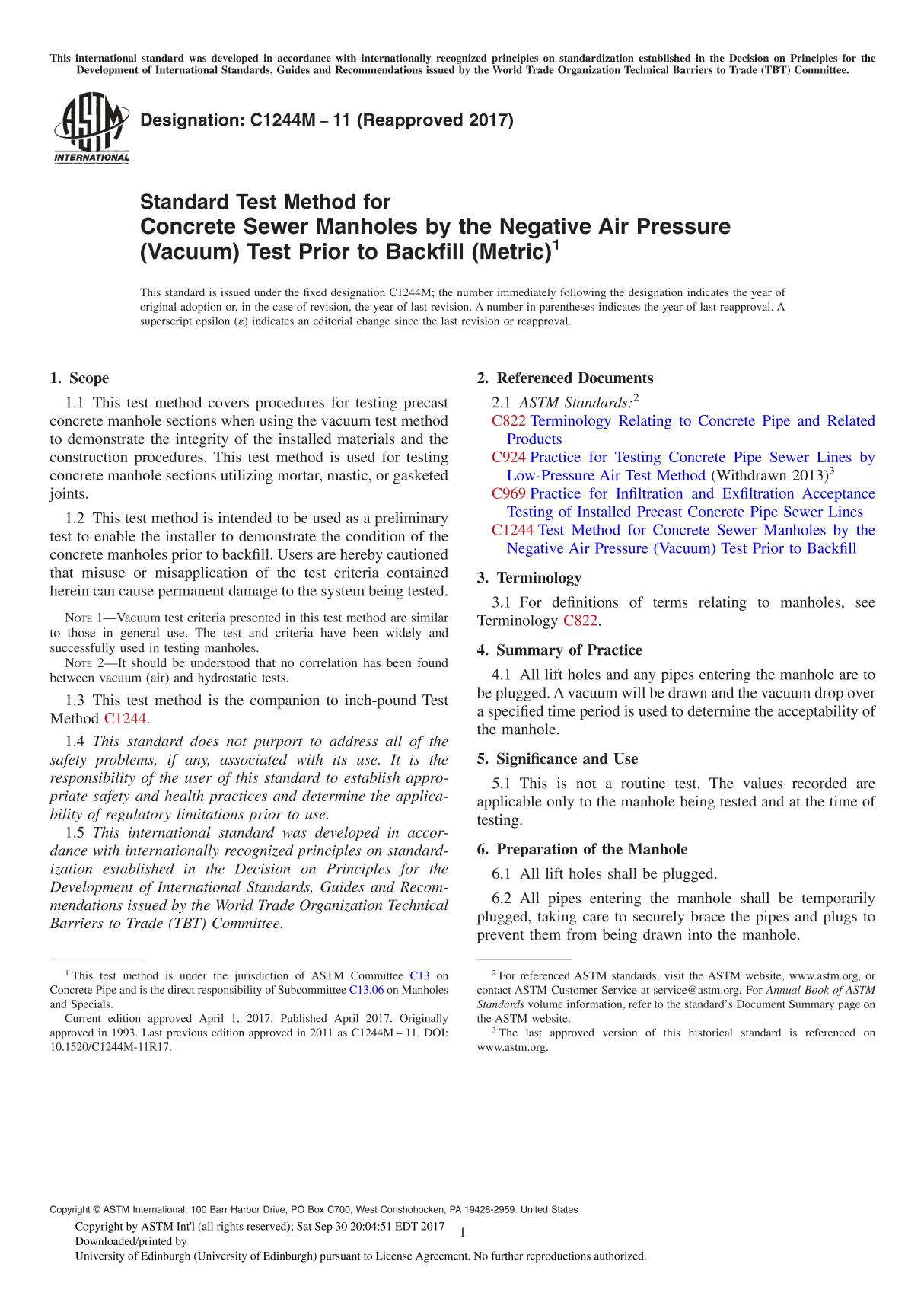 ASTM C1244M-11(2017) Standard Test Method for Concrete Sewer Manholes by the Negative Air Pressure (Vacuum) Test Prior to Backfi