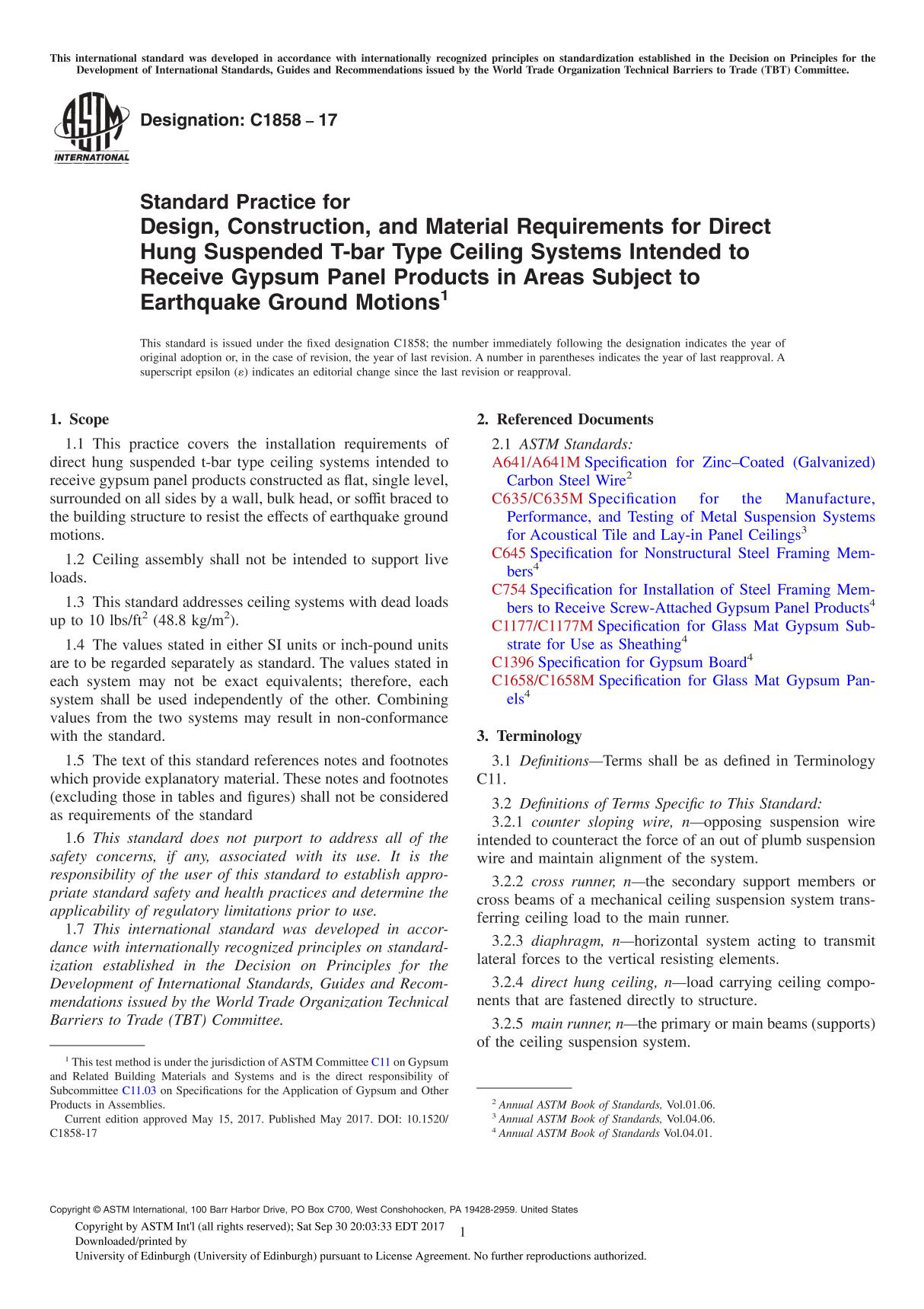 ASTM C1858-17 Standard Practice for Design, Construction, and Material Requirements for Direct Hung Suspended T-bar Type Ceiling