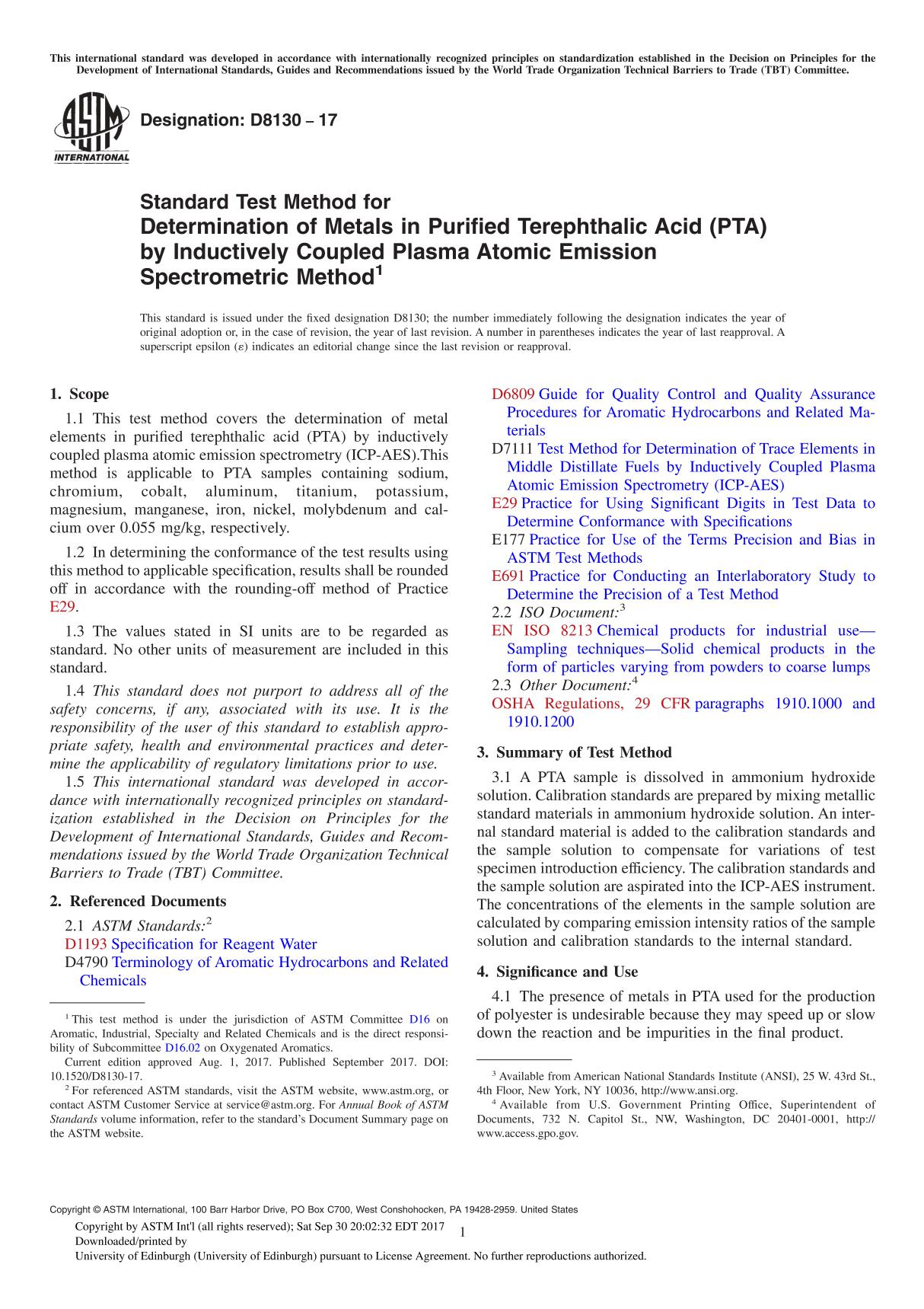 ASTM D8130-17 Standard Test Method for Determination of Metals in Purified Terephthalic Acid (PTA) by Inductively Coupled Plasma