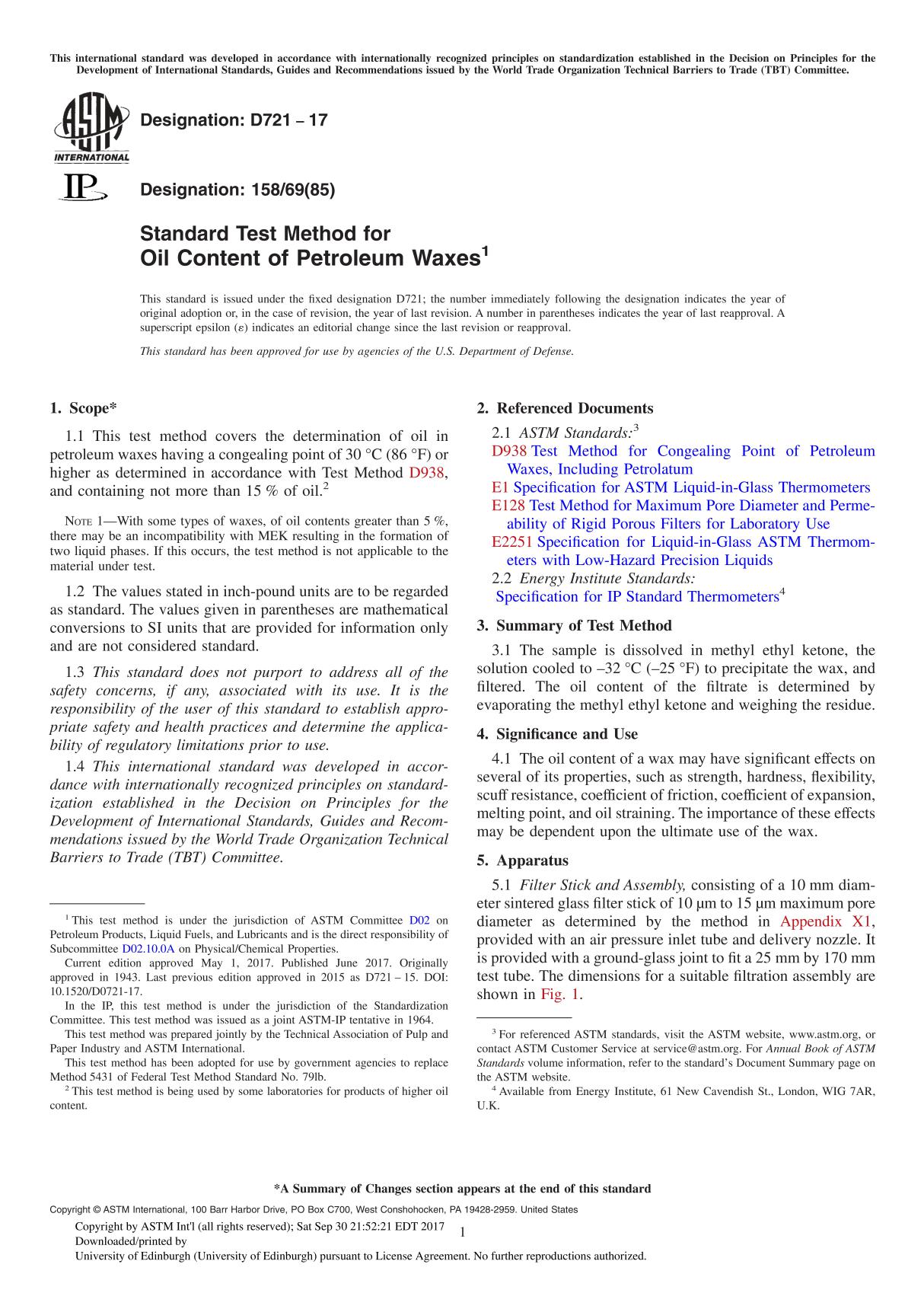 ASTM D721-17 Standard Test Method for Oil Content of Petroleum Waxe