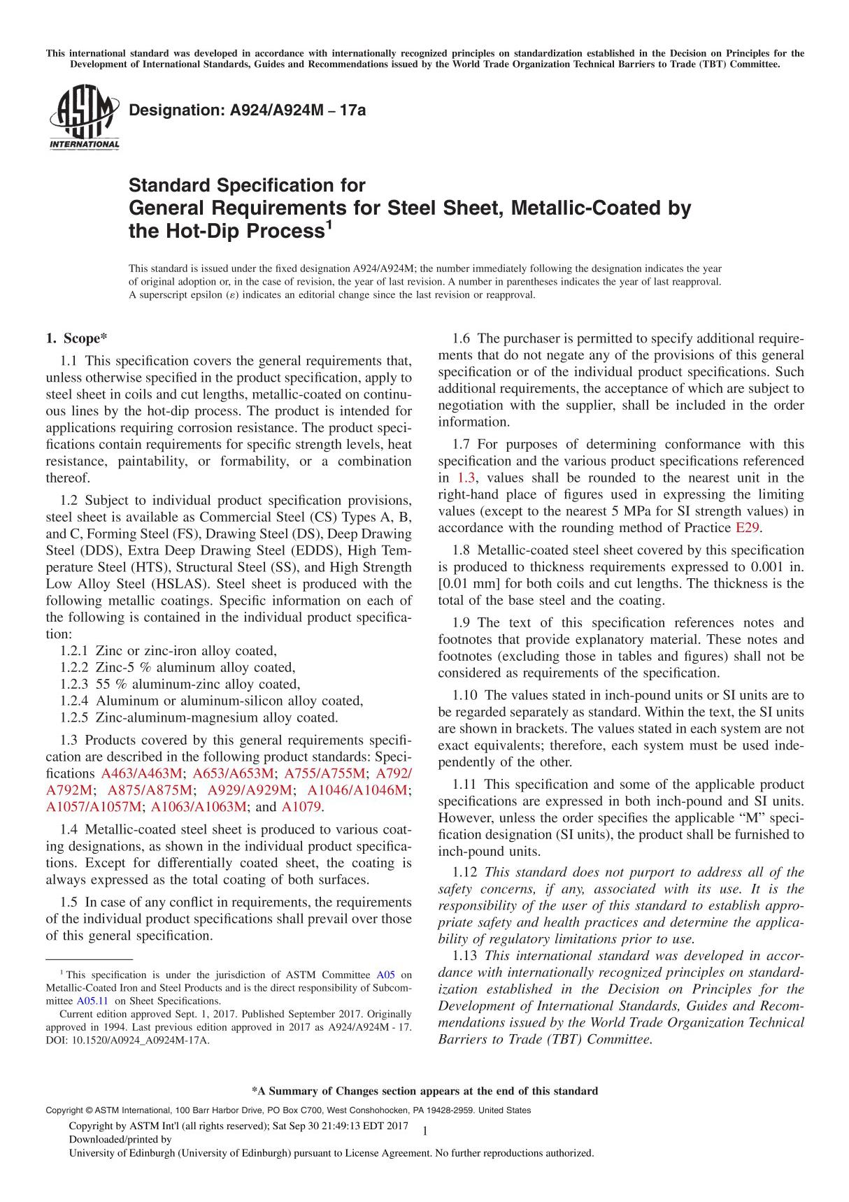 ASTM A924 A924M-17a Standard Specification for General Requirements for Steel Sheet, Metallic-Coated by the Hot-Dip Proce