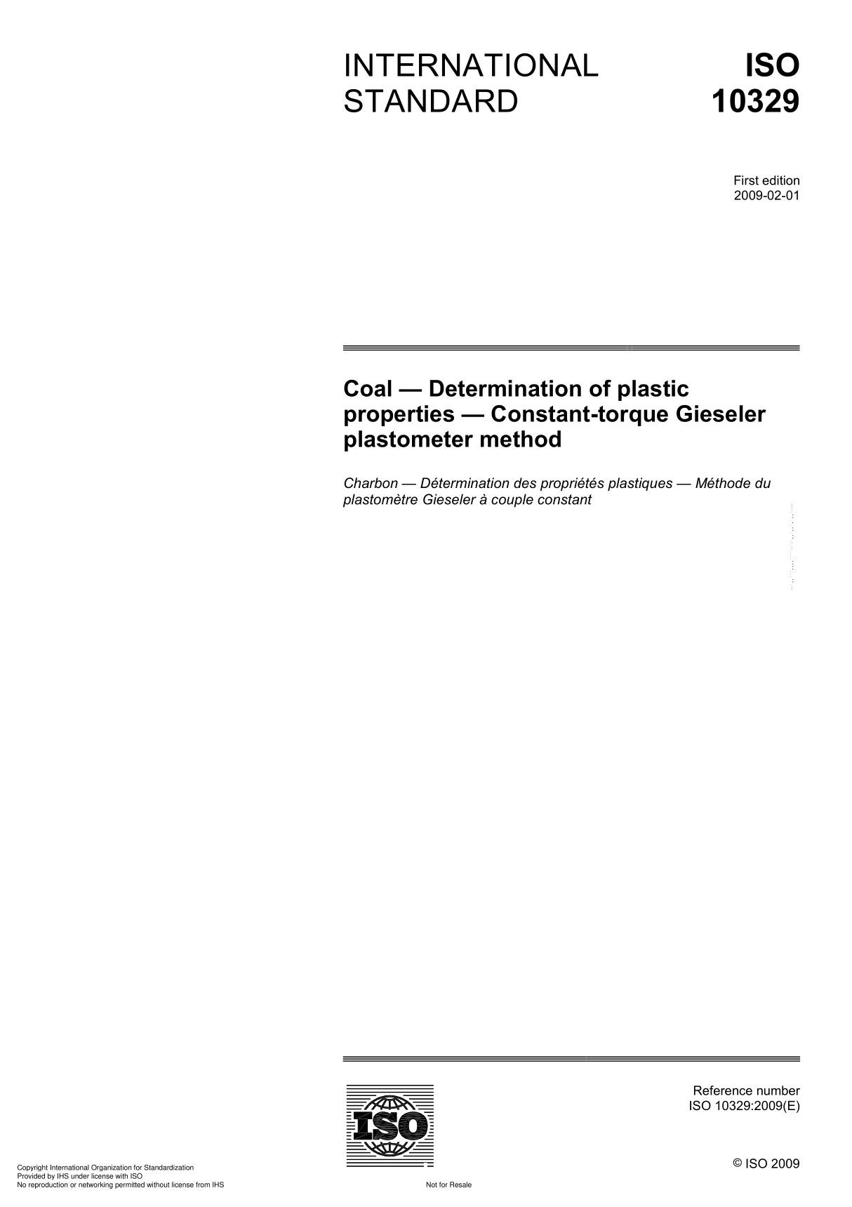 ISO 10329 Coal  Determination of plasticproperties  Constant-torque Gieseler plastometer method