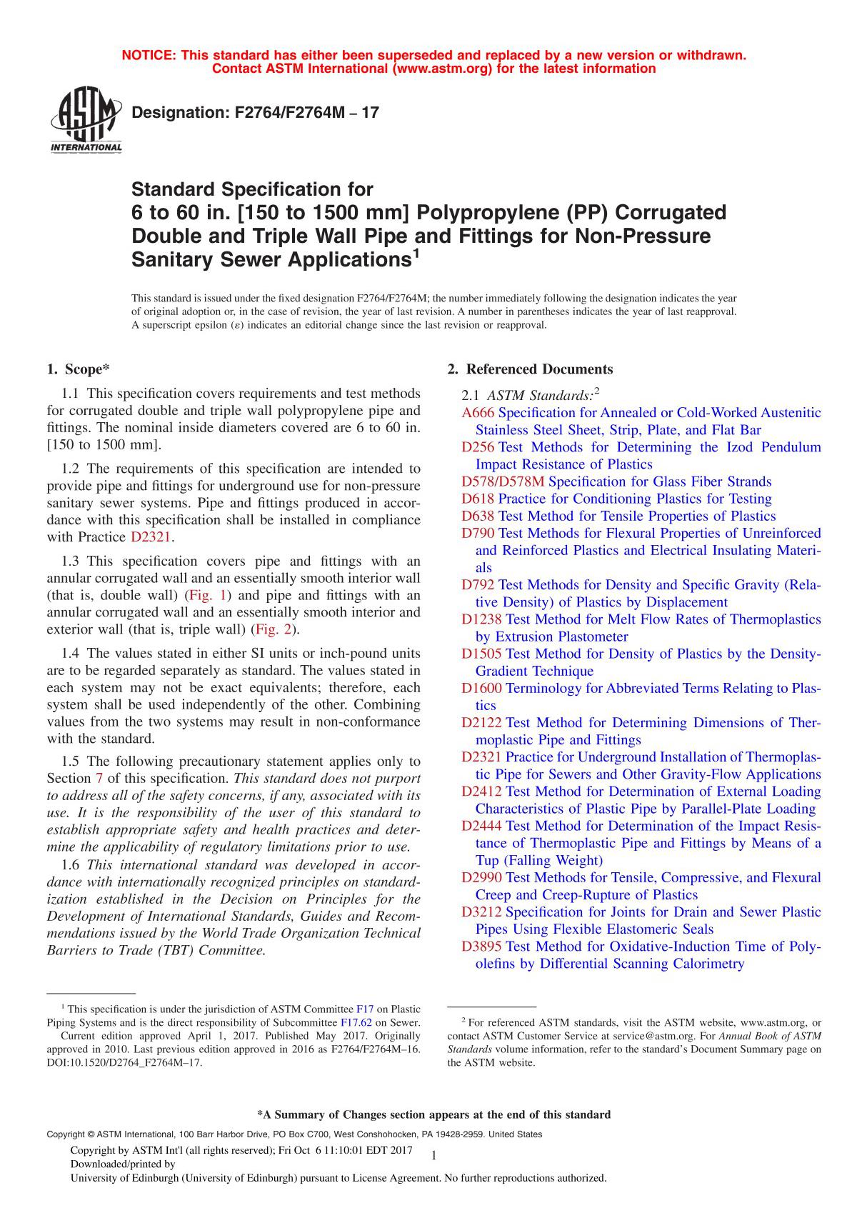 ASTM F2764 F2764M - 17 Standard Specification for 6 to 60 in. (150 to 1500 mm) Polypropylene (PP) Corrugated Double and Triple