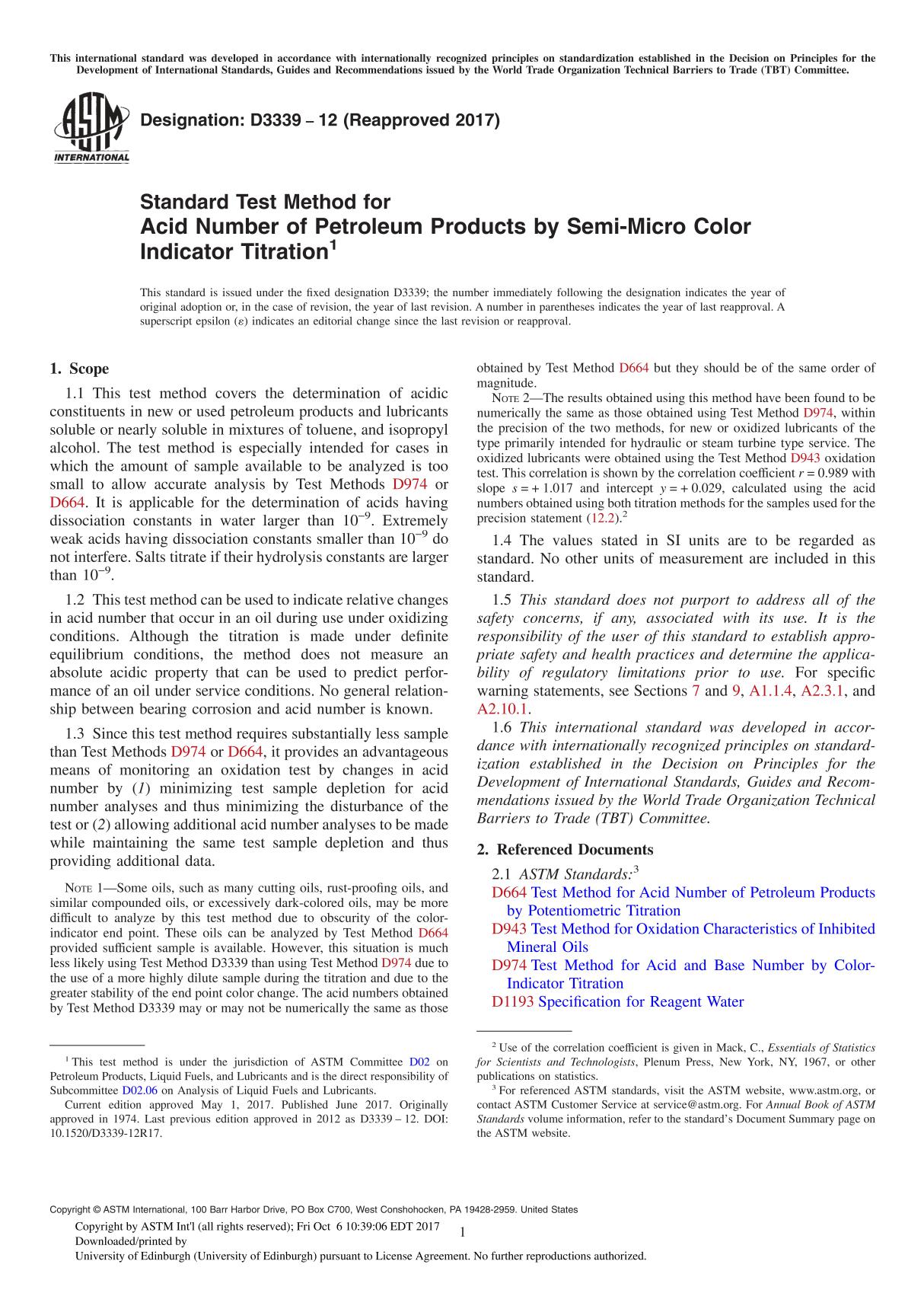 ASTM D3339-12(2017) Standard Test Method for Acid Number of Petroleum Products by Semi-Micro Color Indicator Titration