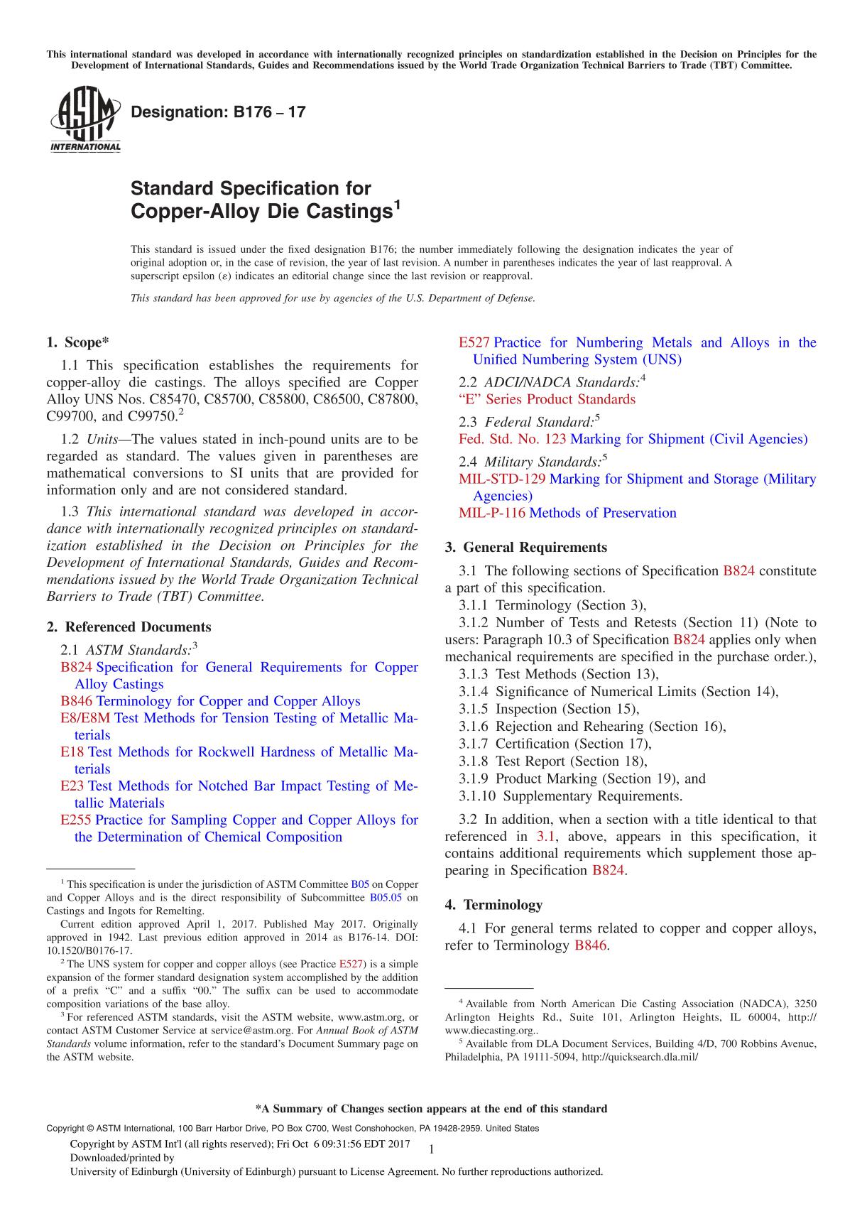 ASTM B176-17 Standard Specification for Copper-Alloy Die Casting