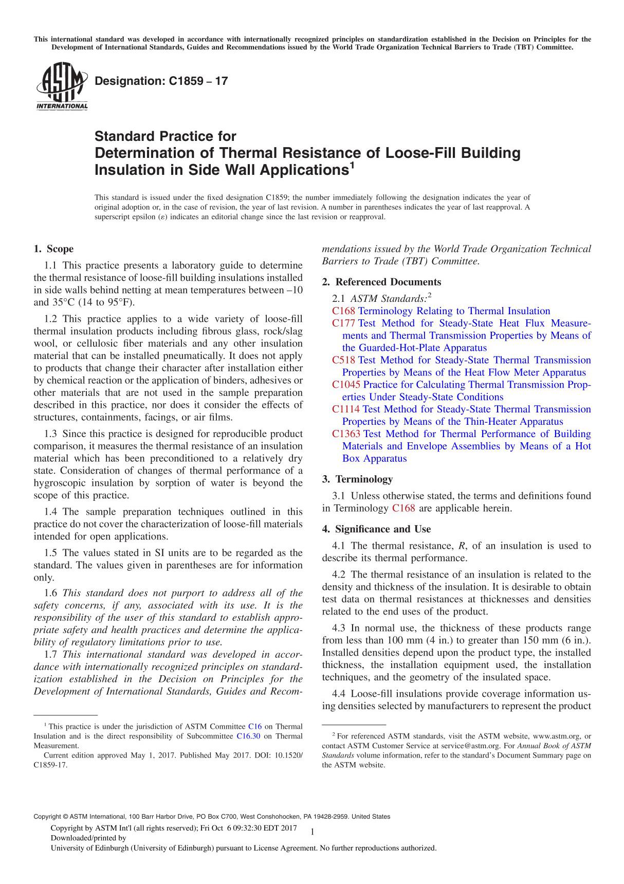 ASTM C1859-17 Standard Practice for Determination of Thermal Resistance of Loose-Fill Building Insulation in Side Wall Applicati