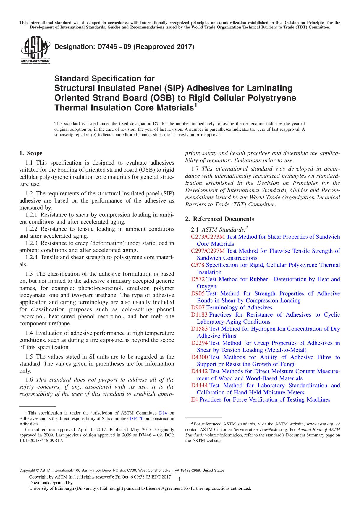 ASTM D7446-09(2017) Standard Specification for Structural Insulated Panel (SIP) Adhesives for Laminating Oriented Strand Board (