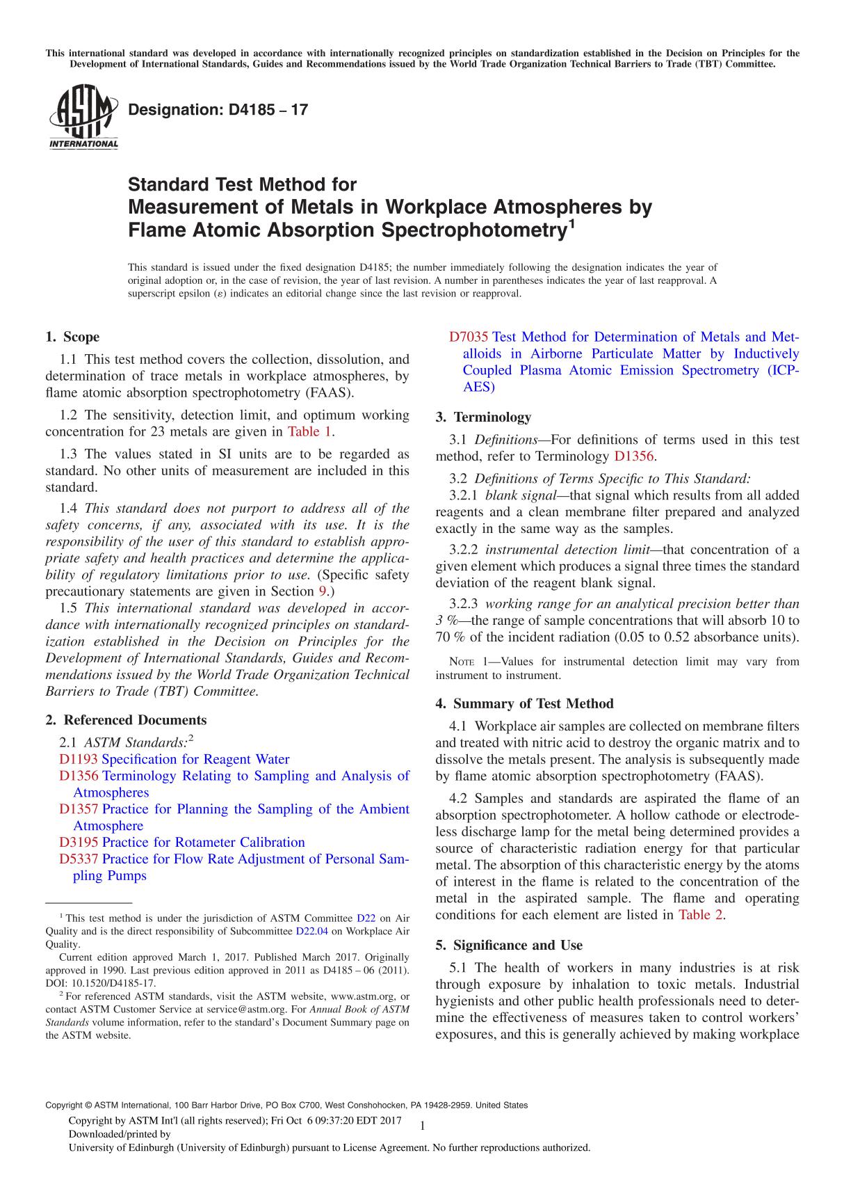 ASTM D4185-17 Standard Test Method for Measurement of Metals in Workplace Atmospheres by Flame Atomic Absorption Spectrophotomet