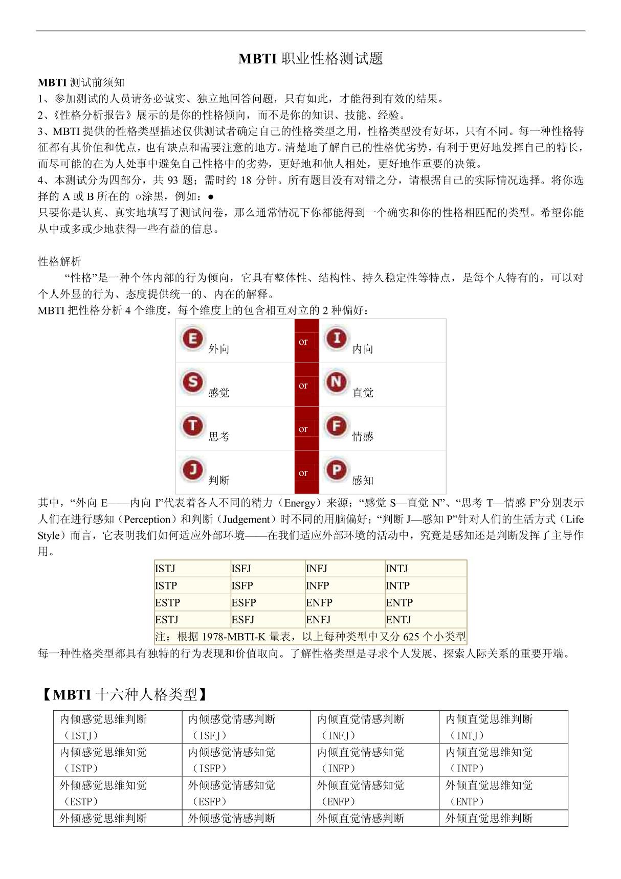 MBTI职业性格测试题w