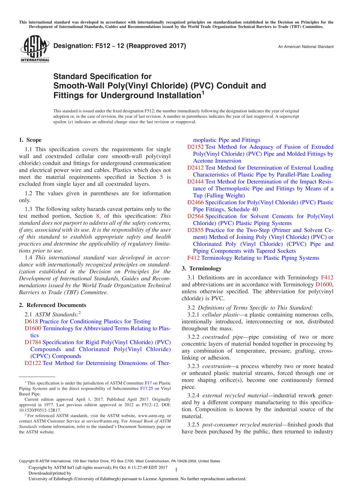 ASTM F512-12(2017) Standard Specification for Smooth-Wall Poly(Vinyl Chloride) (PVC) Conduit and Fittings for