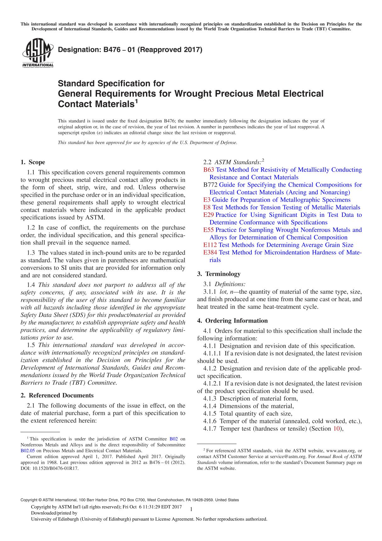 ASTM B476-01(2017) Standard Specification for General Requirements for Wrought Precious Metal Electrical Contact Material