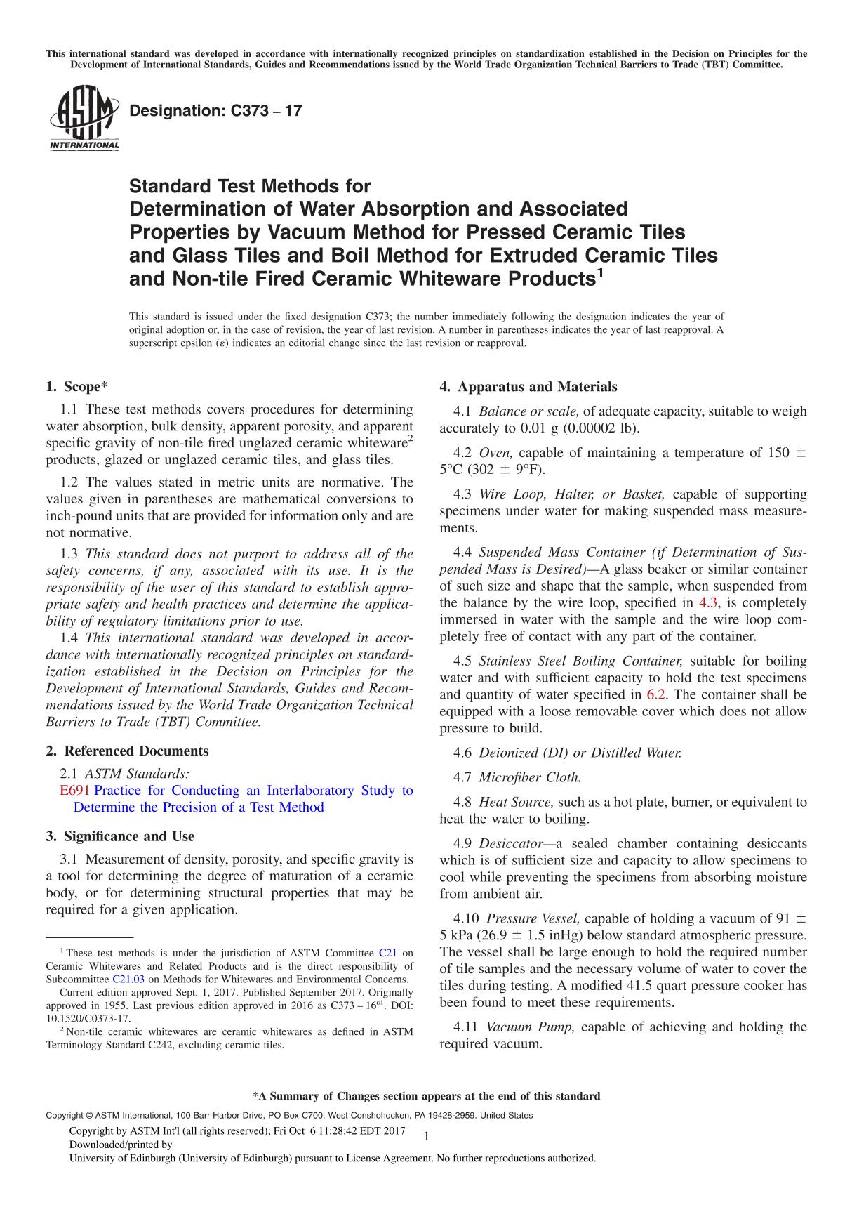 ASTM C373-17 Standard Test Methods for Determination of Water Absorption and Associated Properties by Vacuum Method for Pressed