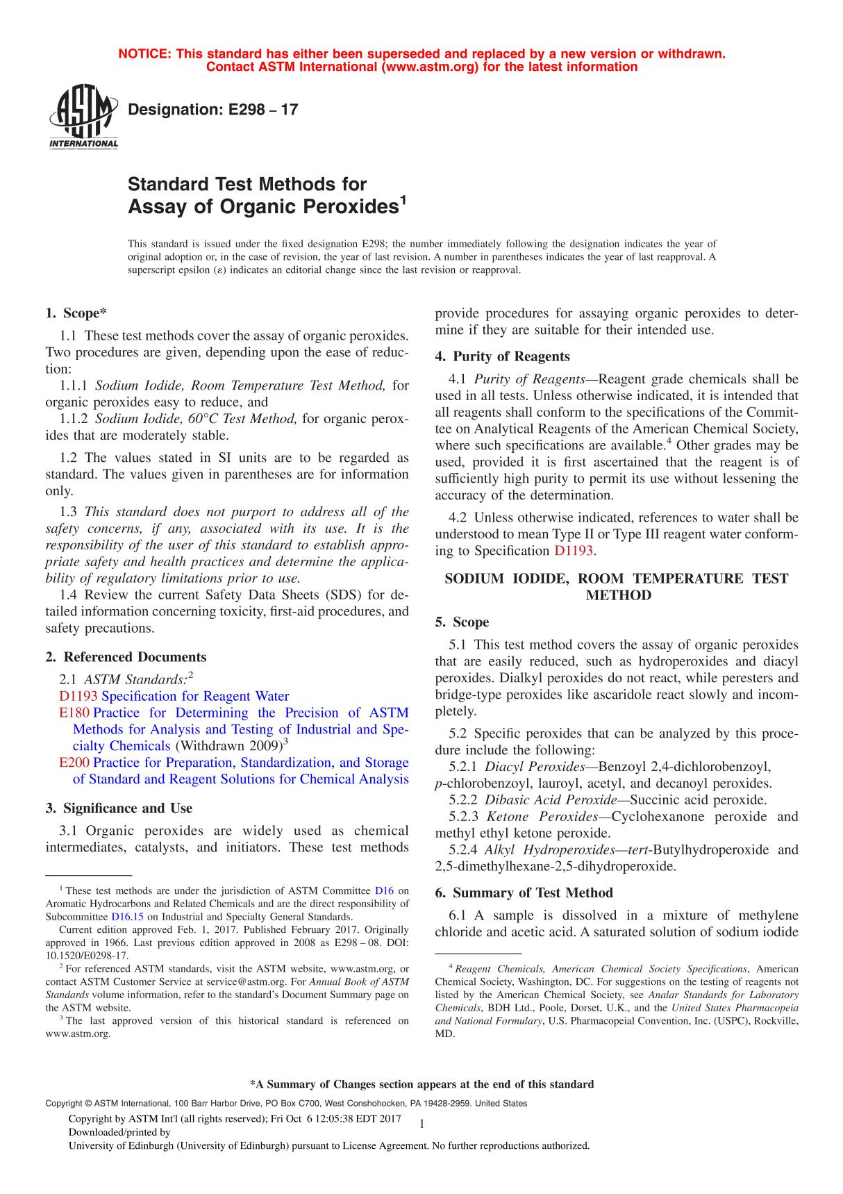 ASTM E298 - 17 Standard Test Methods for Assay of Organic Peroxide