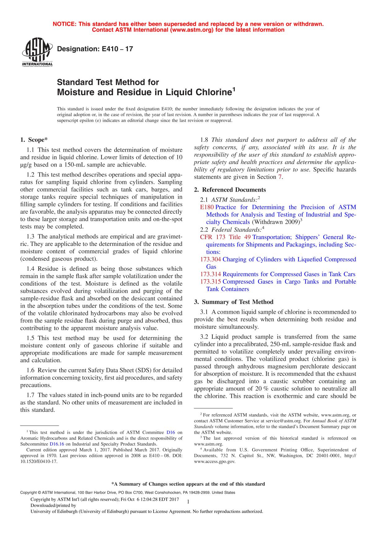 ASTM E410 - 17 Standard Test Method for Moisture and Residue in Liquid Chlorine