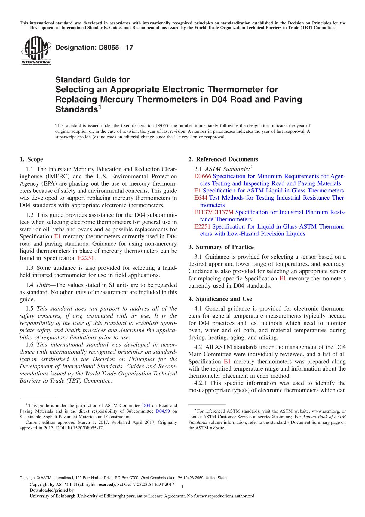 ASTM D8055-17 Standard Guide for Selecting an Appropriate Electronic Thermometer for Replacing Mercury Thermometers in D04 Road