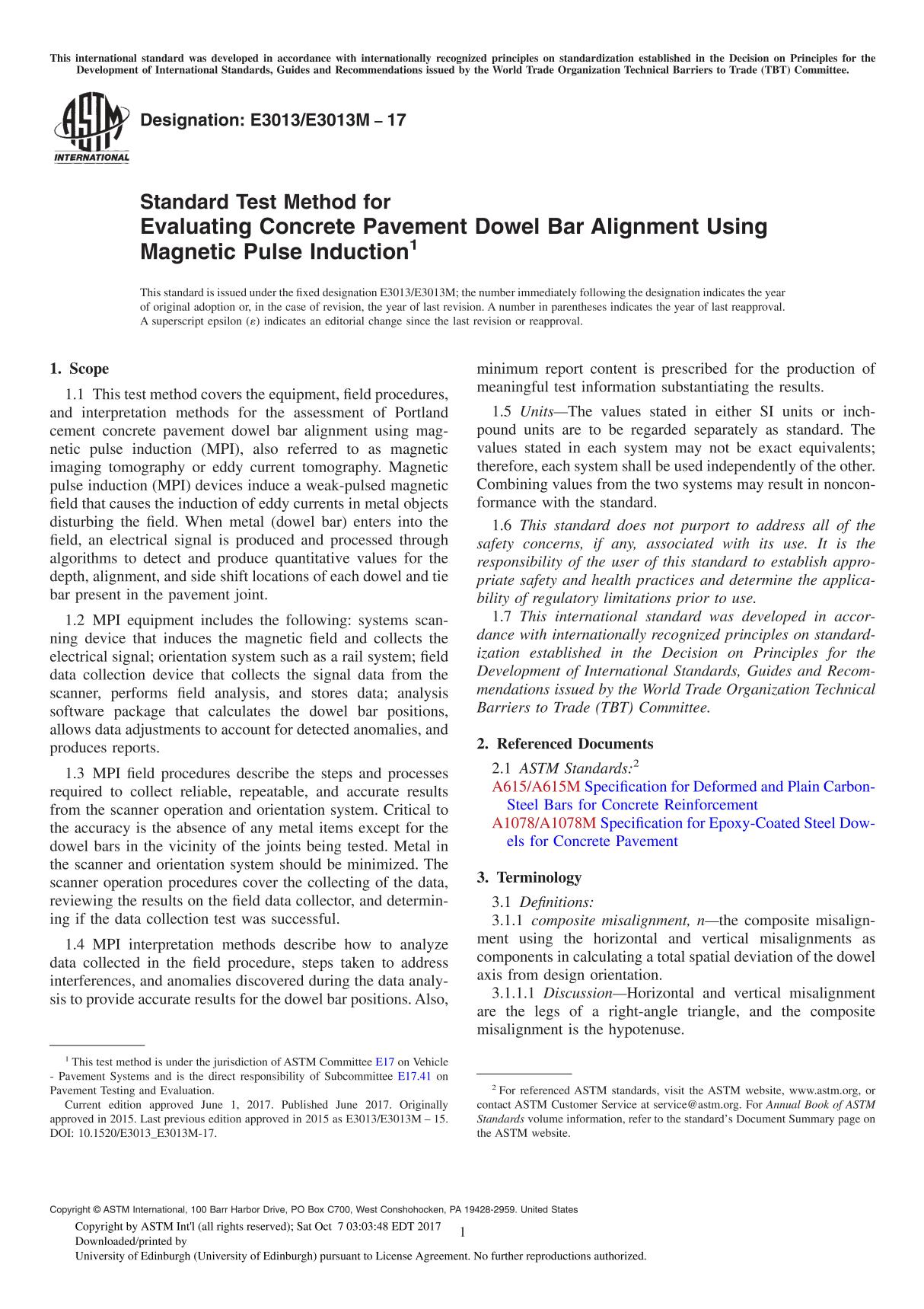 ASTM E3013E3013M-17 Standard Test Method for Evaluating Concrete Pavement Dowel Bar Alignment Using Magnetic Pulse Induction