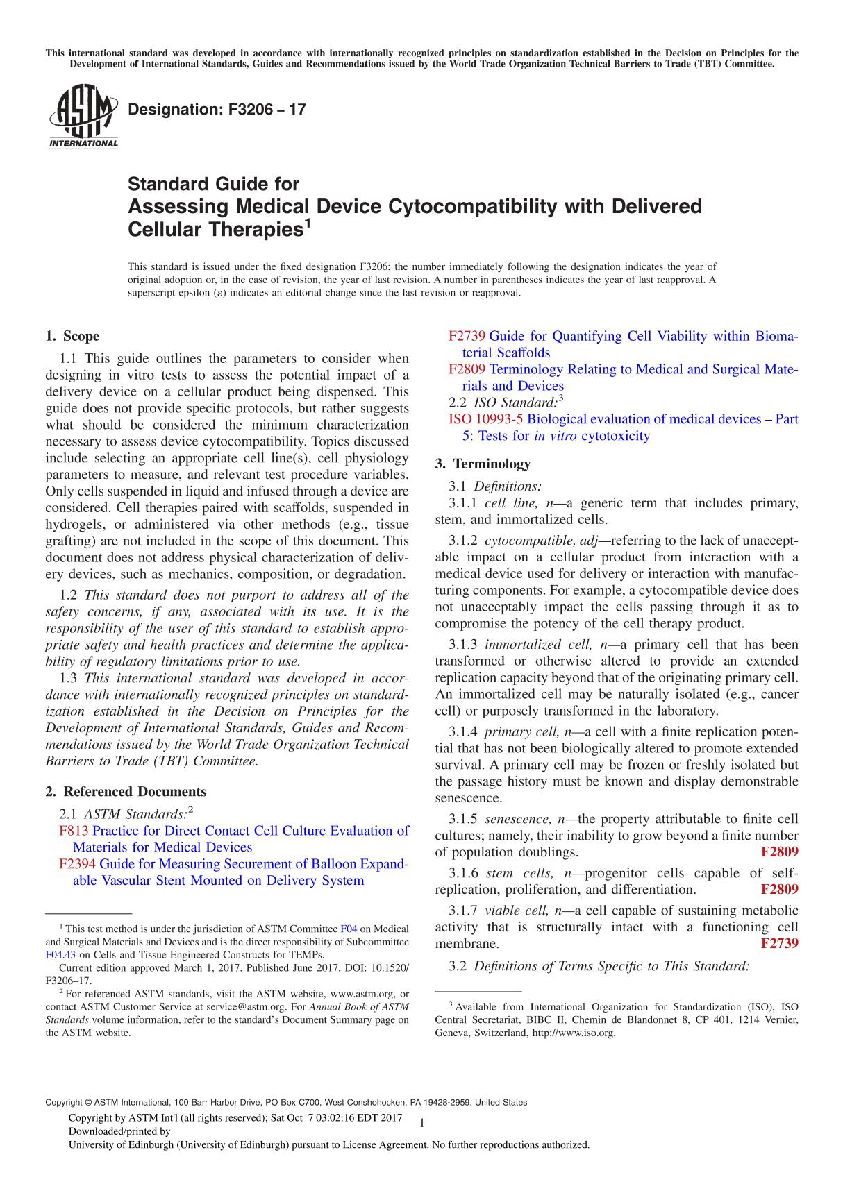 ASTM F3206-17 Standard Guide for Assessing Medical Device Cytocompatibility with Delivered Cellular Therapie