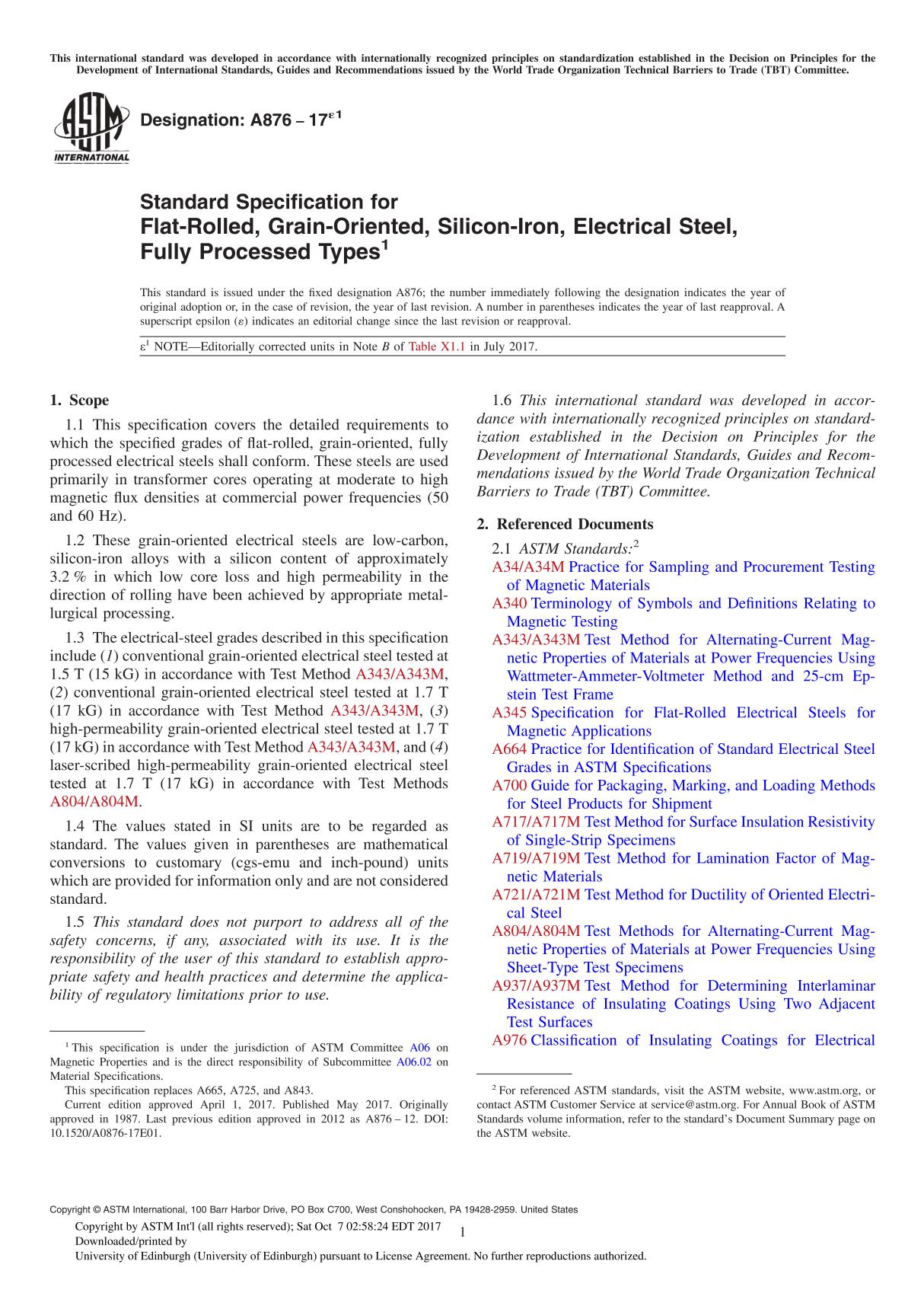 ASTM A876-17e1 Standard Specification for Flat-Rolled, Grain-Oriented, Silicon-Iron, Electrical Steel, Fully Processed Type