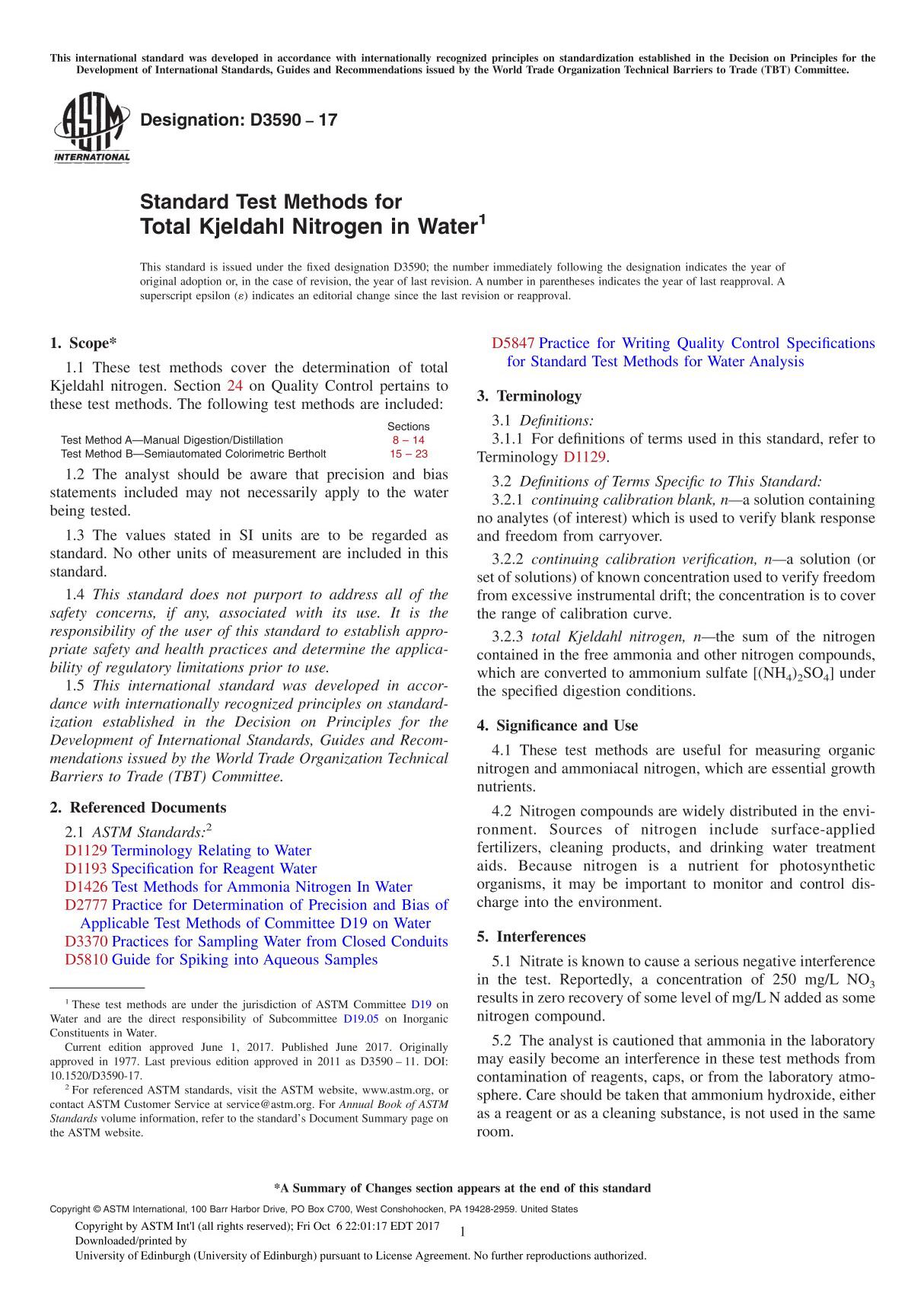 ASTM D3590-17 Standard Test Methods for Total Kjeldahl Nitrogen in Water