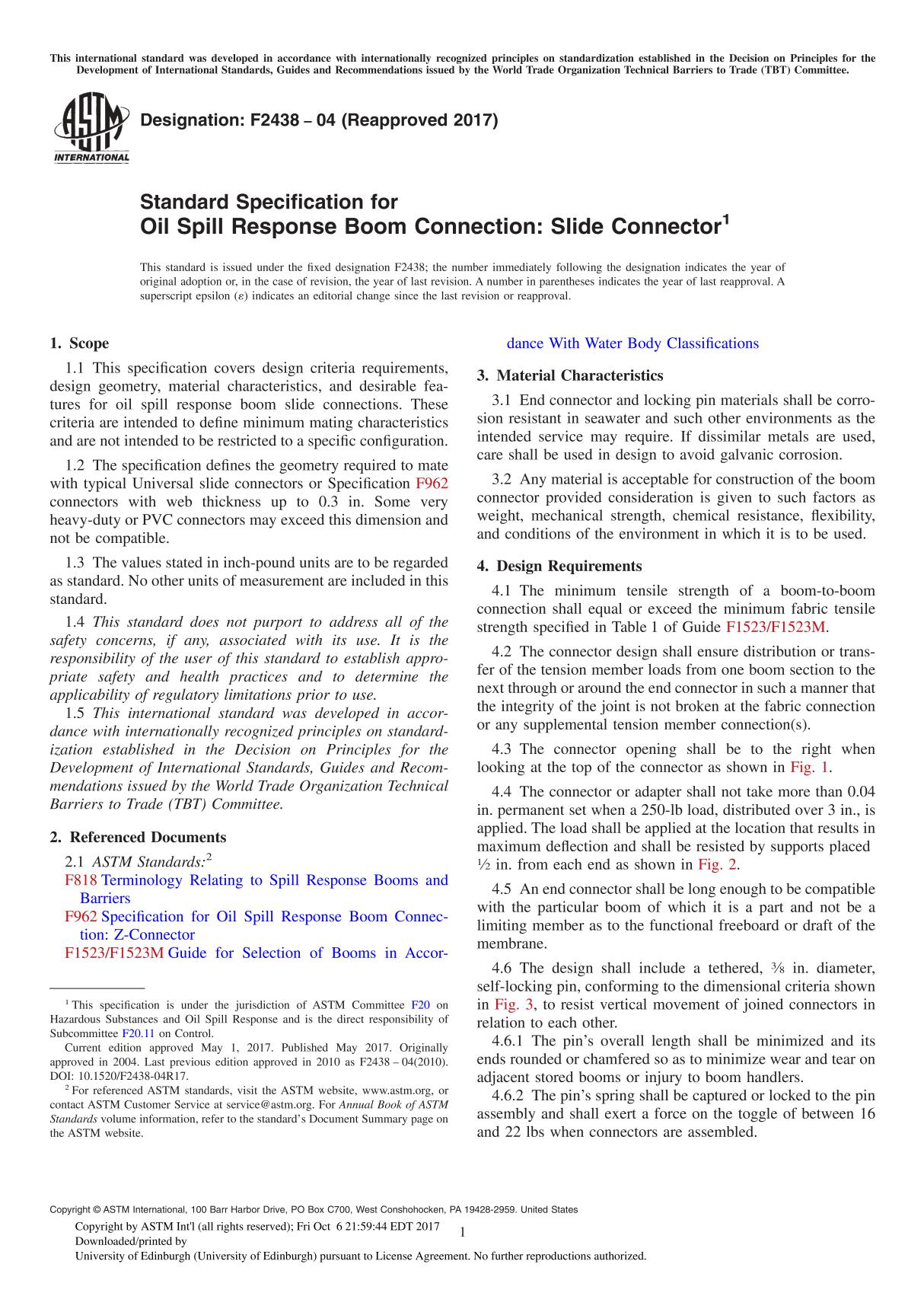 ASTM F2438-04(2017) Standard Specification for Oil Spill Response Boom Connection Slide Connector