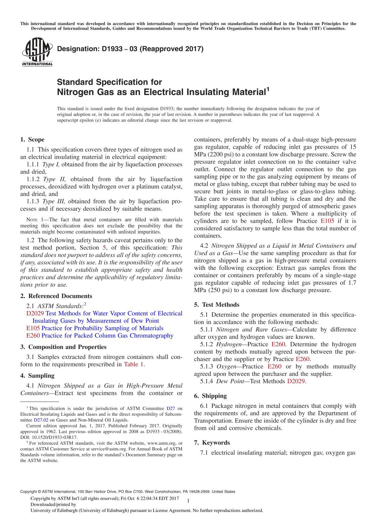 ASTM D1933-03(2017) Standard Specification for Nitrogen Gas as an Electrical Insulating Material