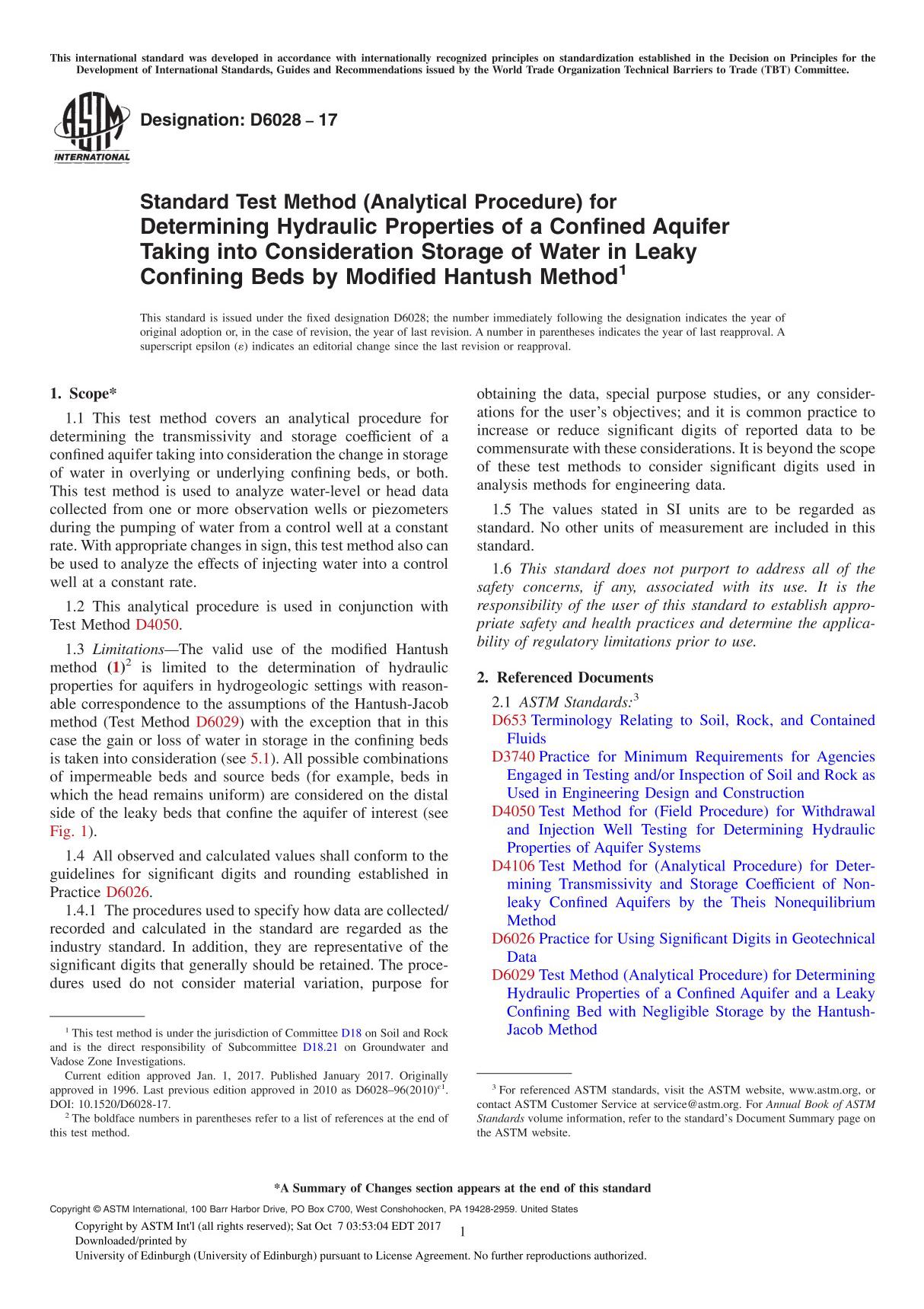 ASTM D6028-17 Standard Test Method (Analytical Procedure) for Determining Hydraulic Properties of a Confined Aquifer Taking into