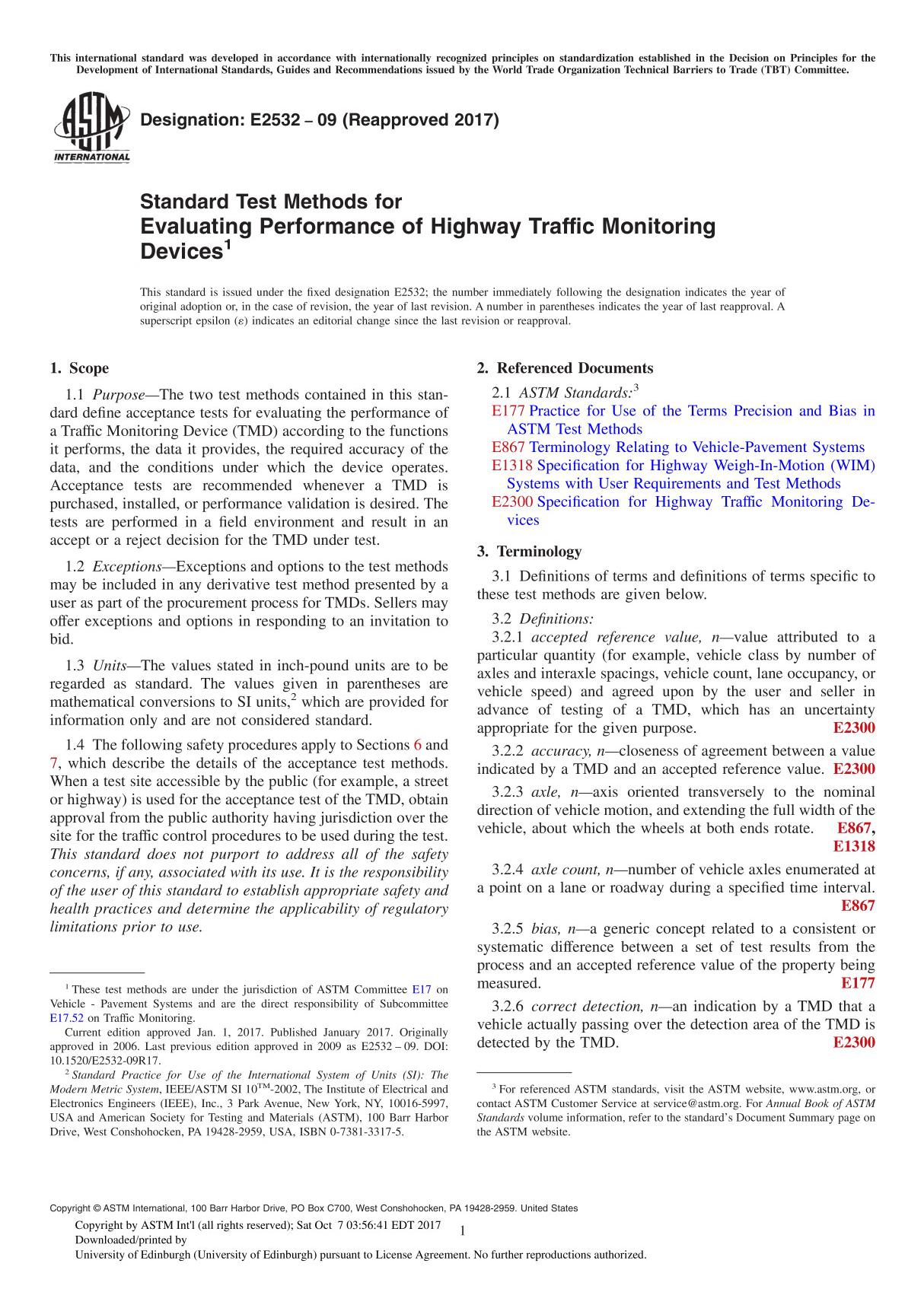 ASTM E2532-09(2017) Standard Test Methods for Evaluating Performance of Highway Traffic Monitoring Device