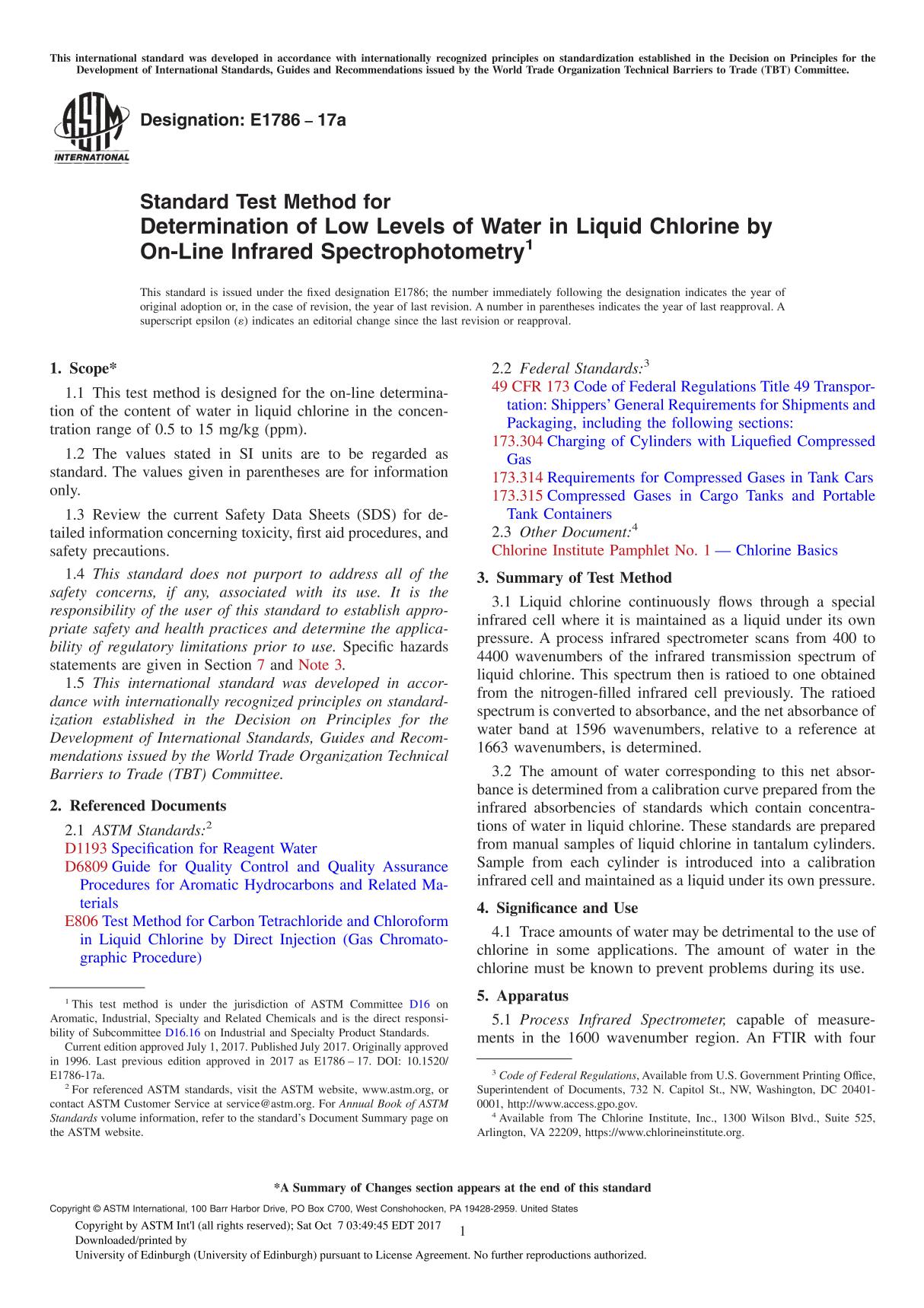 ASTM E1786-17a Standard Test Method for Determination of Low Levels of Water in Liquid Chlorine by On-Line Infrared Spectrophoto