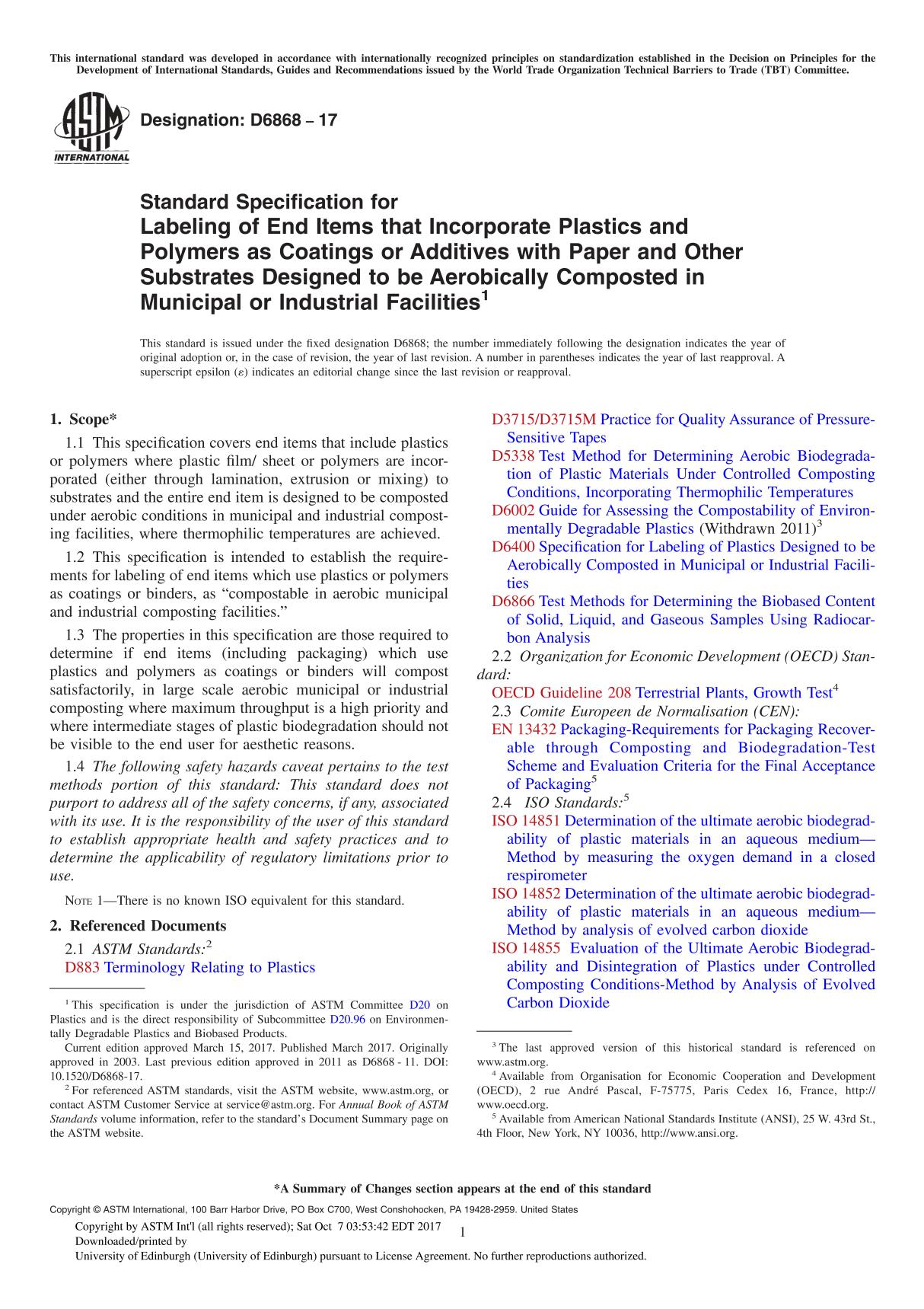 ASTM D6868-17 Standard Specification for Labeling of End Items that Incorporate Plastics and Polymers as Coatings or Additives w