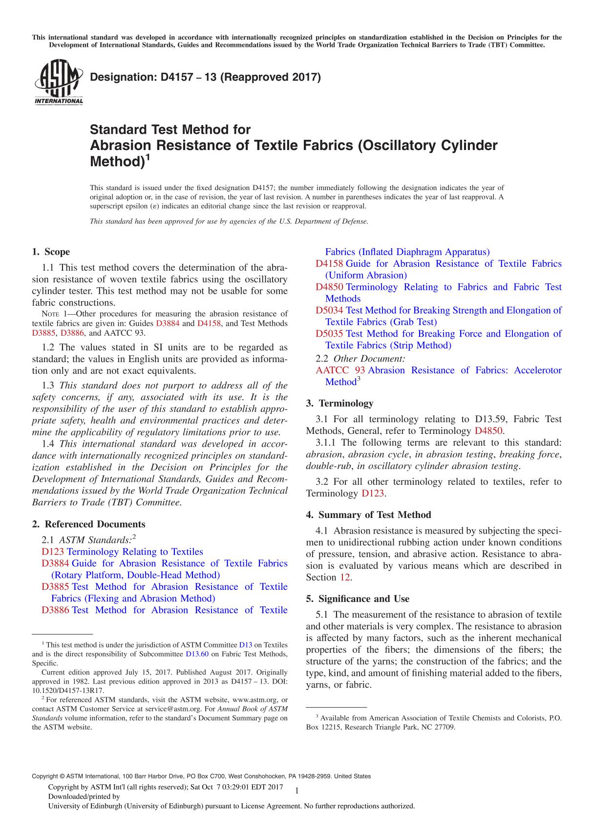 ASTM D4157-13(2017) Standard Test Method for Abrasion Resistance of Textile Fabrics (Oscillatory Cylinder Method)