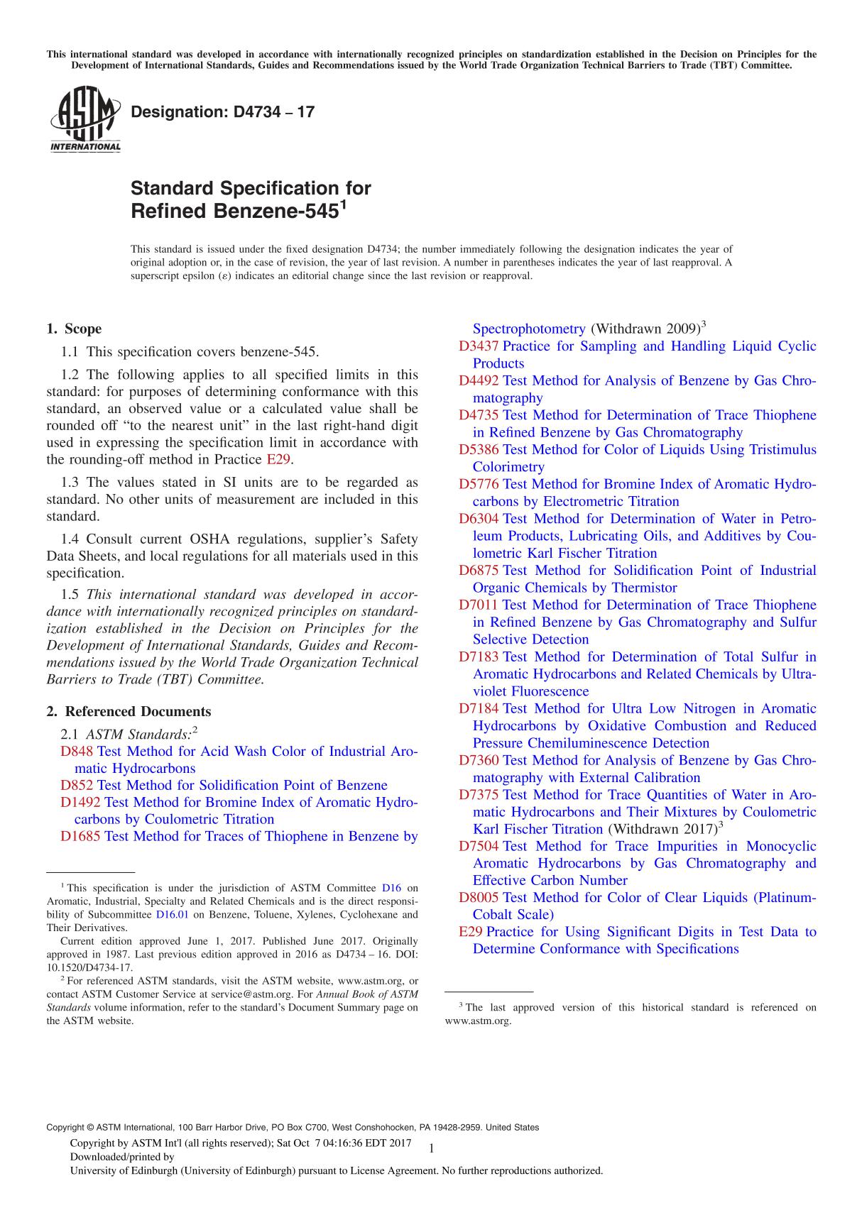 ASTM D4734-17 Standard Specification for Refined Benzene-545