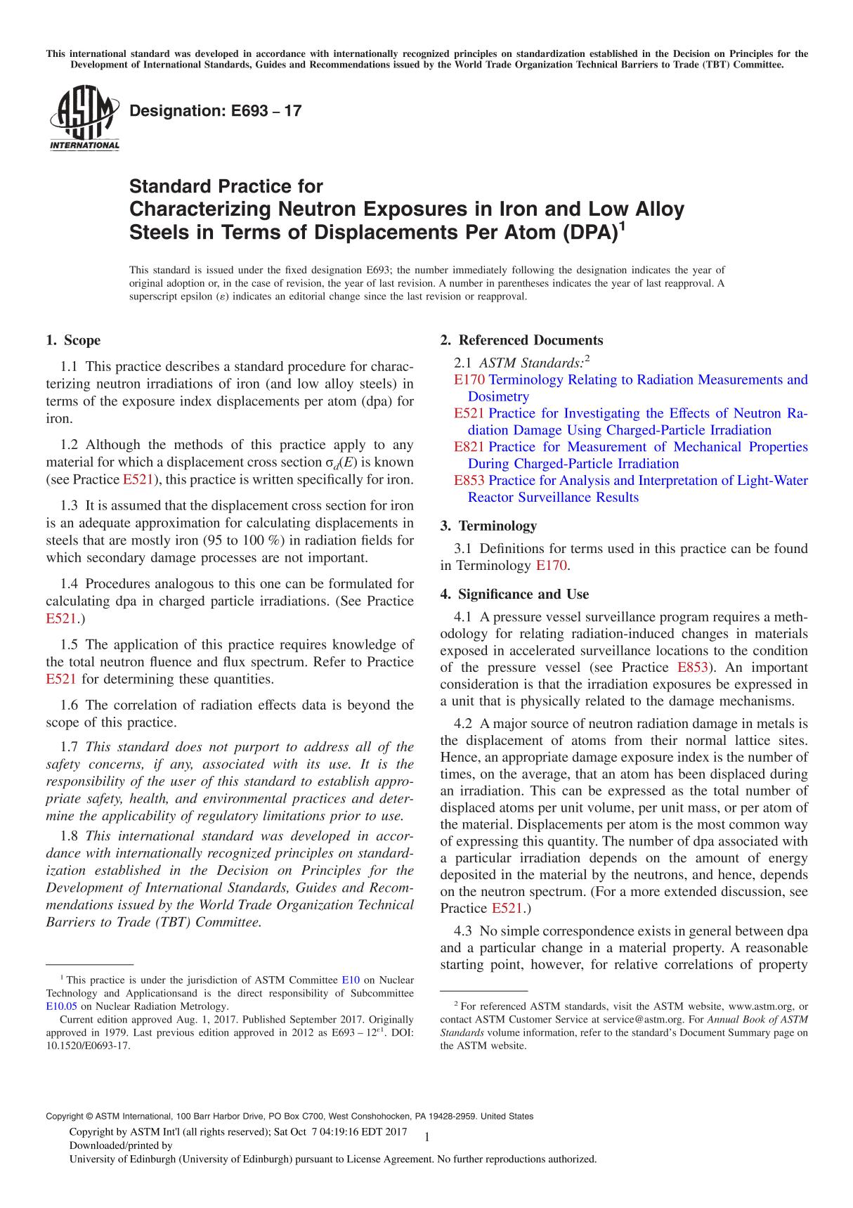 ASTM E693-17 Standard Practice for Characterizing Neutron Exposures in Iron and Low Alloy Steels in Terms of Displacements Per A