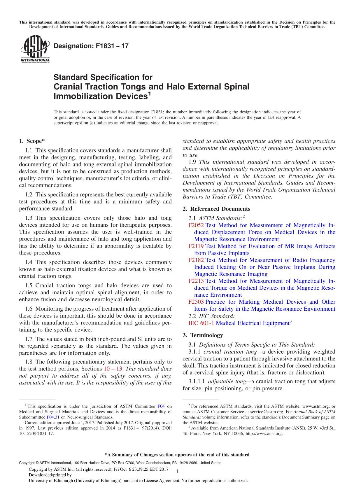 ASTM F1831-17 Standard Specification for Cranial Traction Tongs and Halo External Spinal Immobilization Device