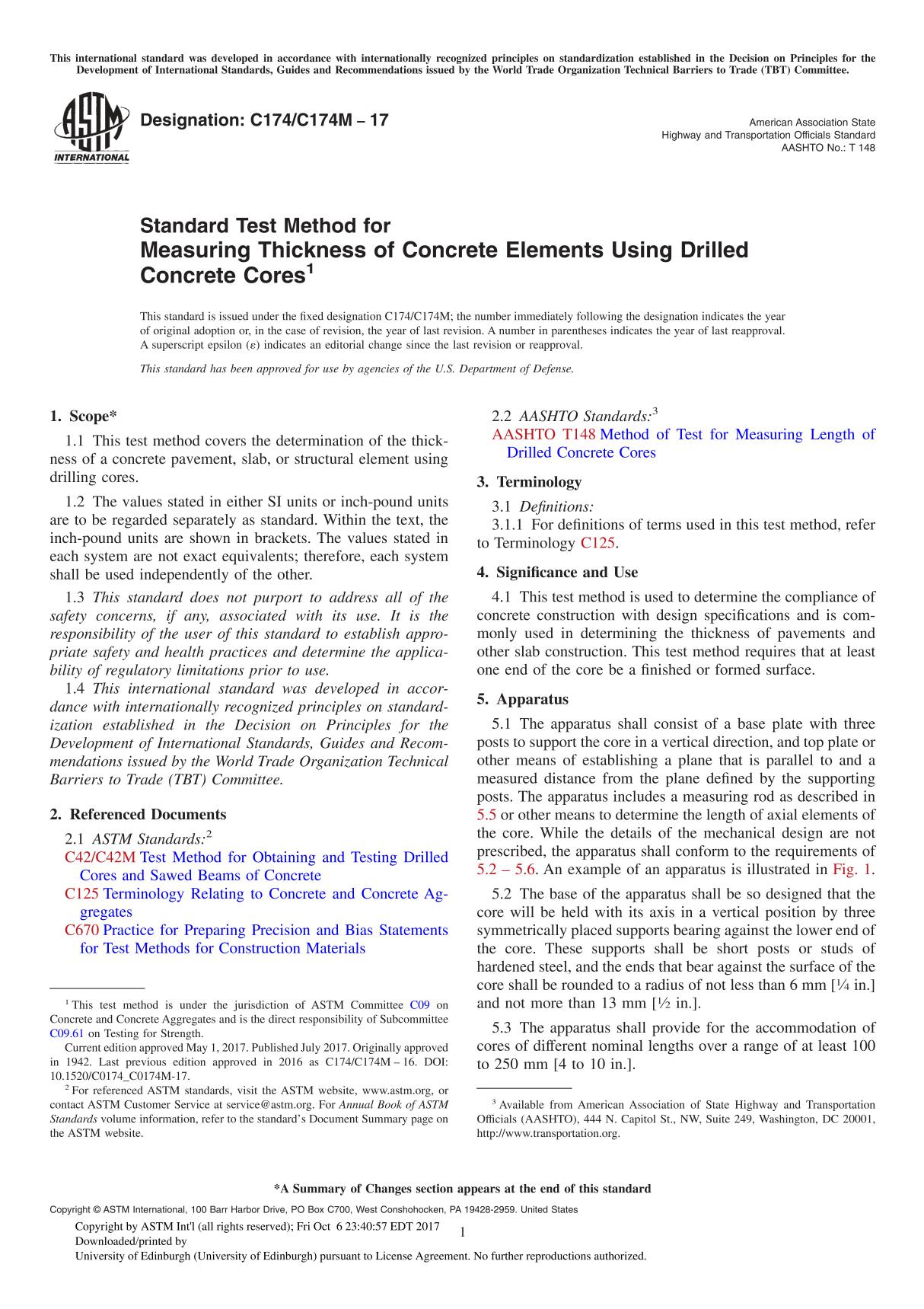 ASTM C174 C174M-17 Standard Test Method for Measuring Thickness of Concrete Elements Using Drilled Concrete Core