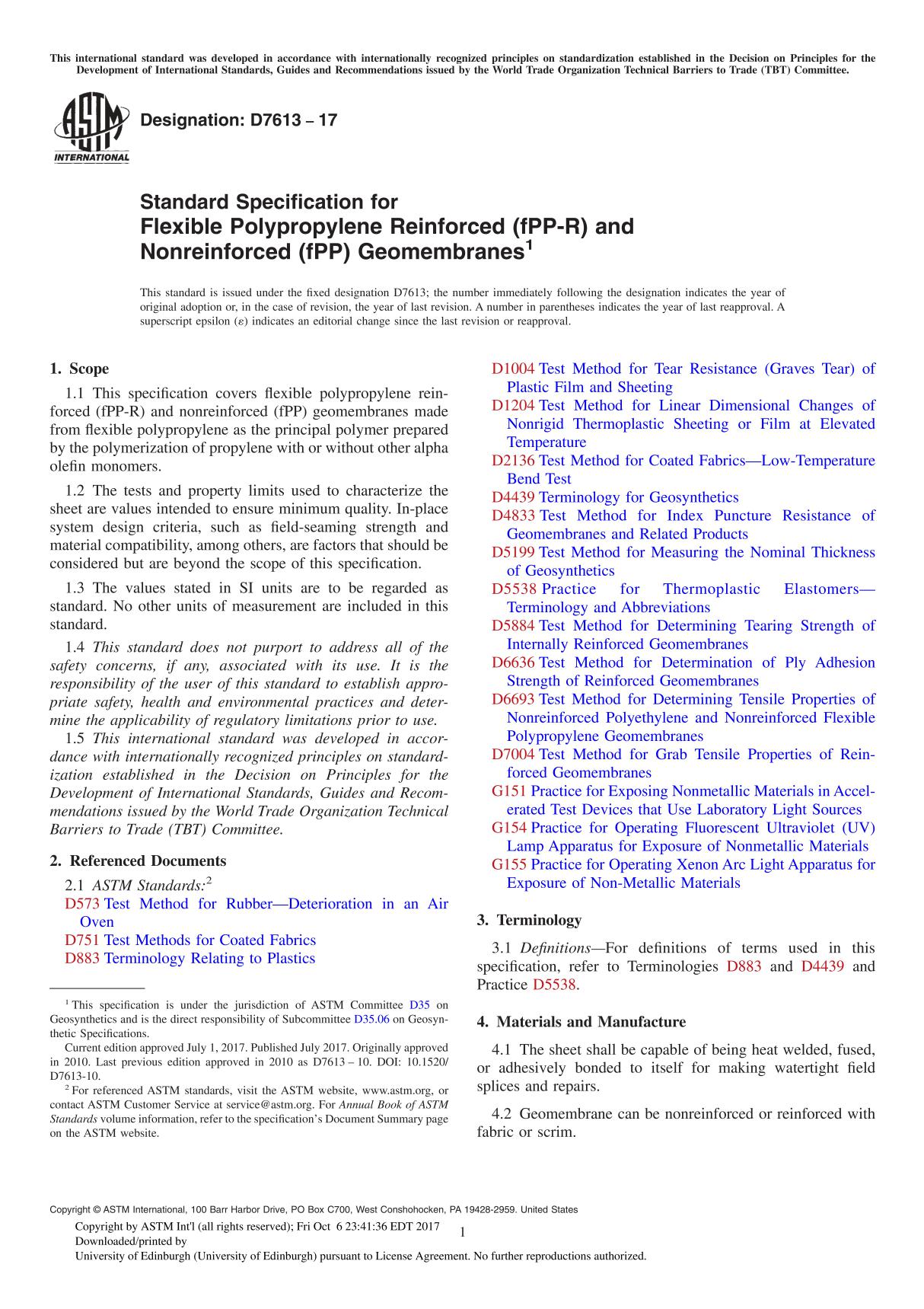 ASTM D7613-17 Standard Specification for Flexible Polypropylene Reinforced (fPP-R) and Nonreinforced (fPP) Geomembrane