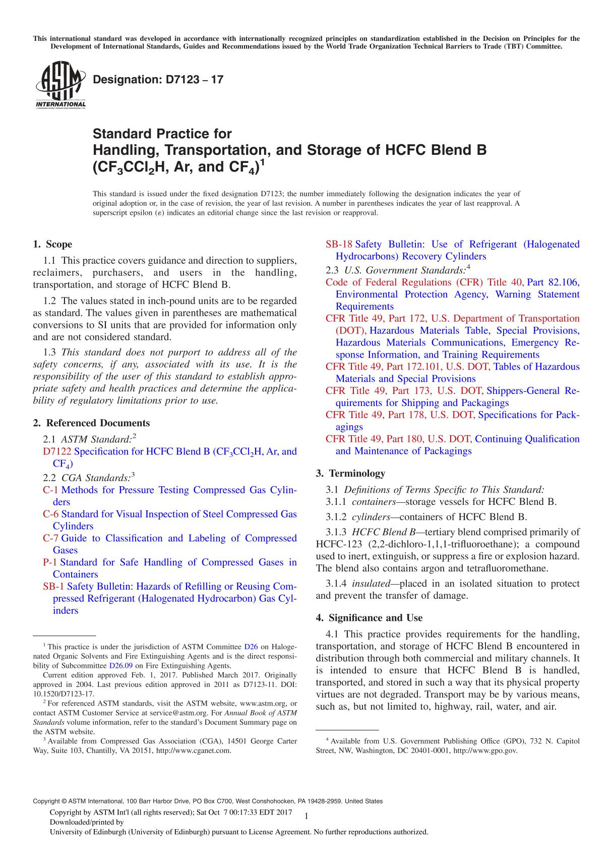 ASTM D7123-17 Standard Practice for Handling, Transportation, and Storage of HCFC Blend B (CF3CCl2H, Ar, and CF4)