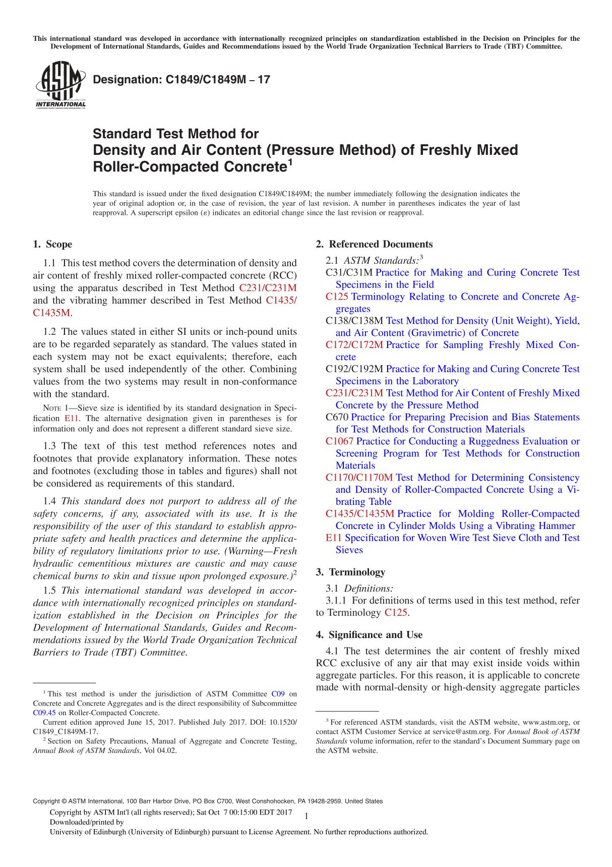 ASTM C1849 C1849M-17 Standard Test Method for Density and Air Content (Pressure Method) of Freshly Mixed Roller-Compacted Concre