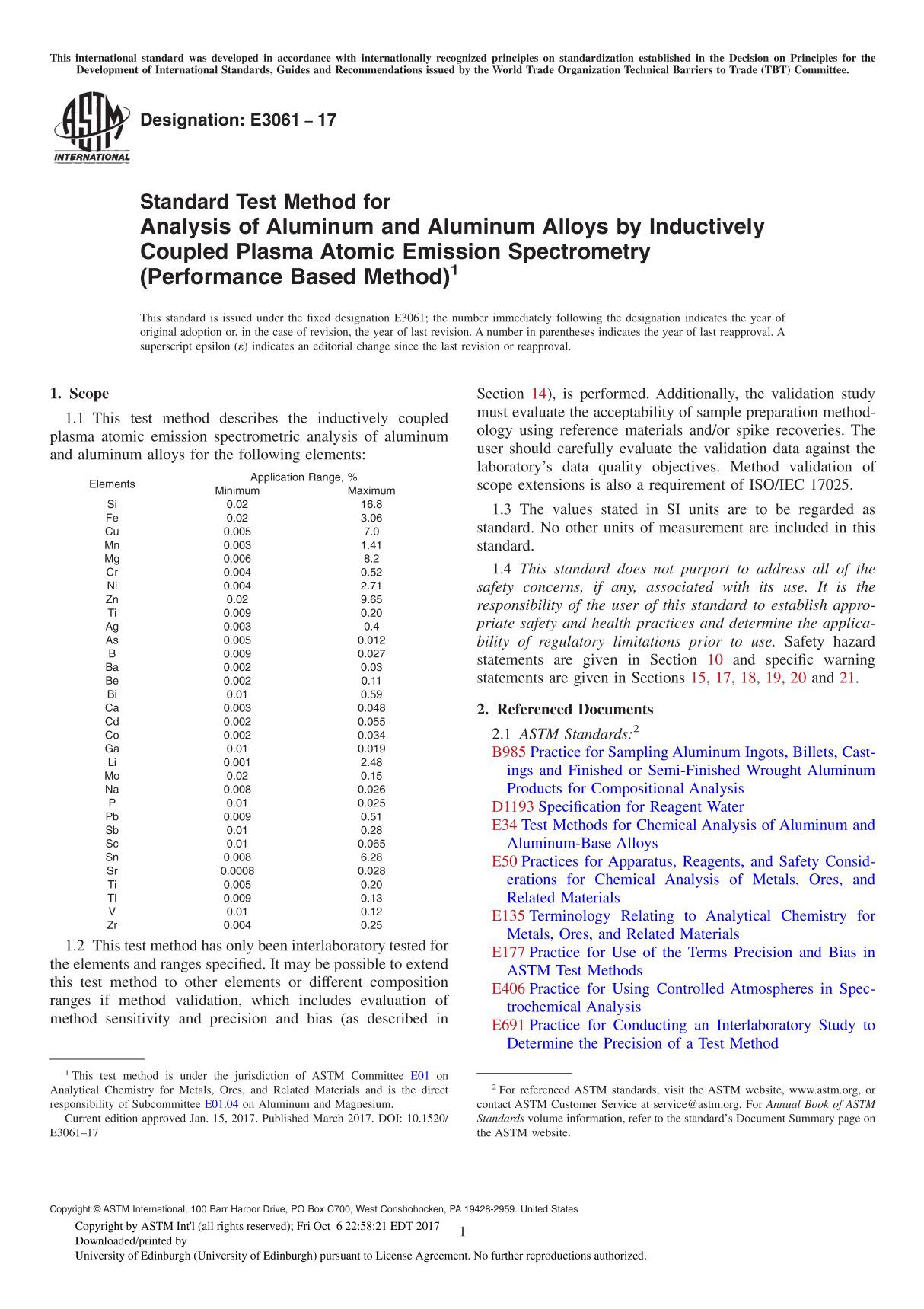 ASTM E3061-17 Standard Test Method for Analysis of Aluminum and Aluminum Alloys by Inductively Coupled Plasma Atomic Emission Sp