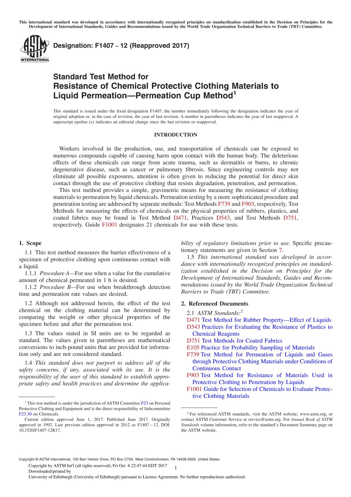 ASTM F1407-12(2017) Standard Test Method for Resistance of Chemical Protective Clothing Materials to Liquid PermeationPermeati