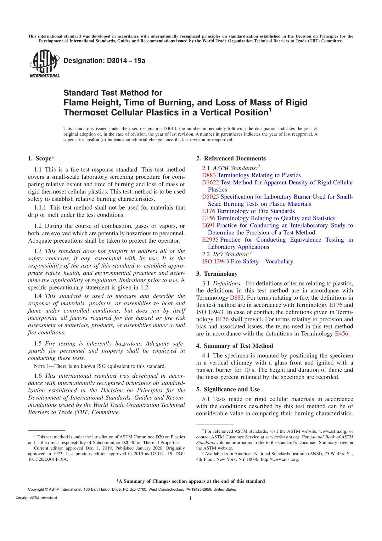 ASTM D3014-2019a Standard Test Method for Flame Height, Time of Burning, and Loss of Mass of Rigid T