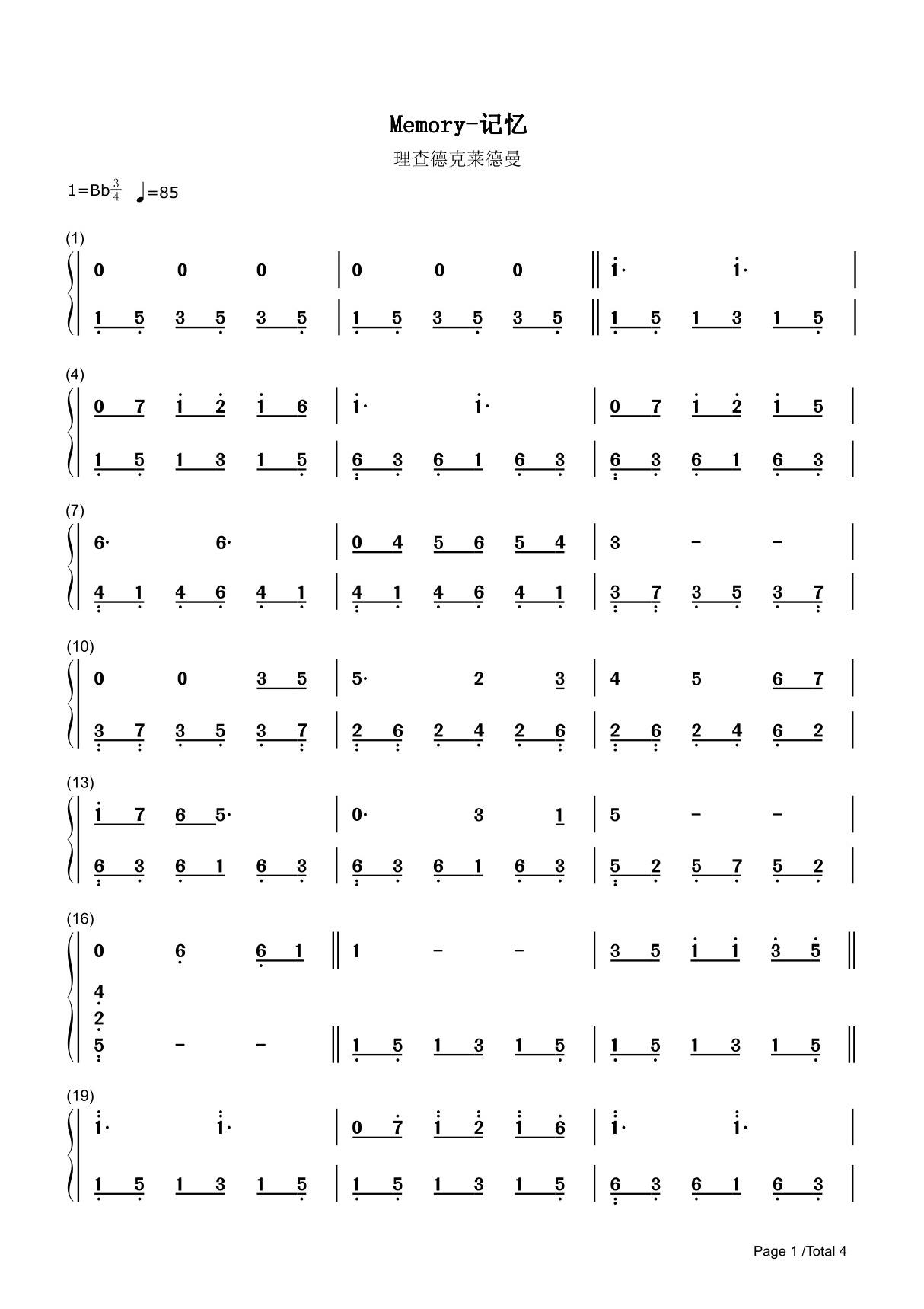 记忆MEMORY简谱钢琴谱 简谱双手数字完整版原版