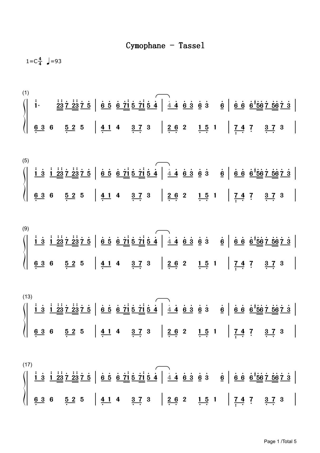 Tassel简谱钢琴谱 简谱双手数字完整版原版