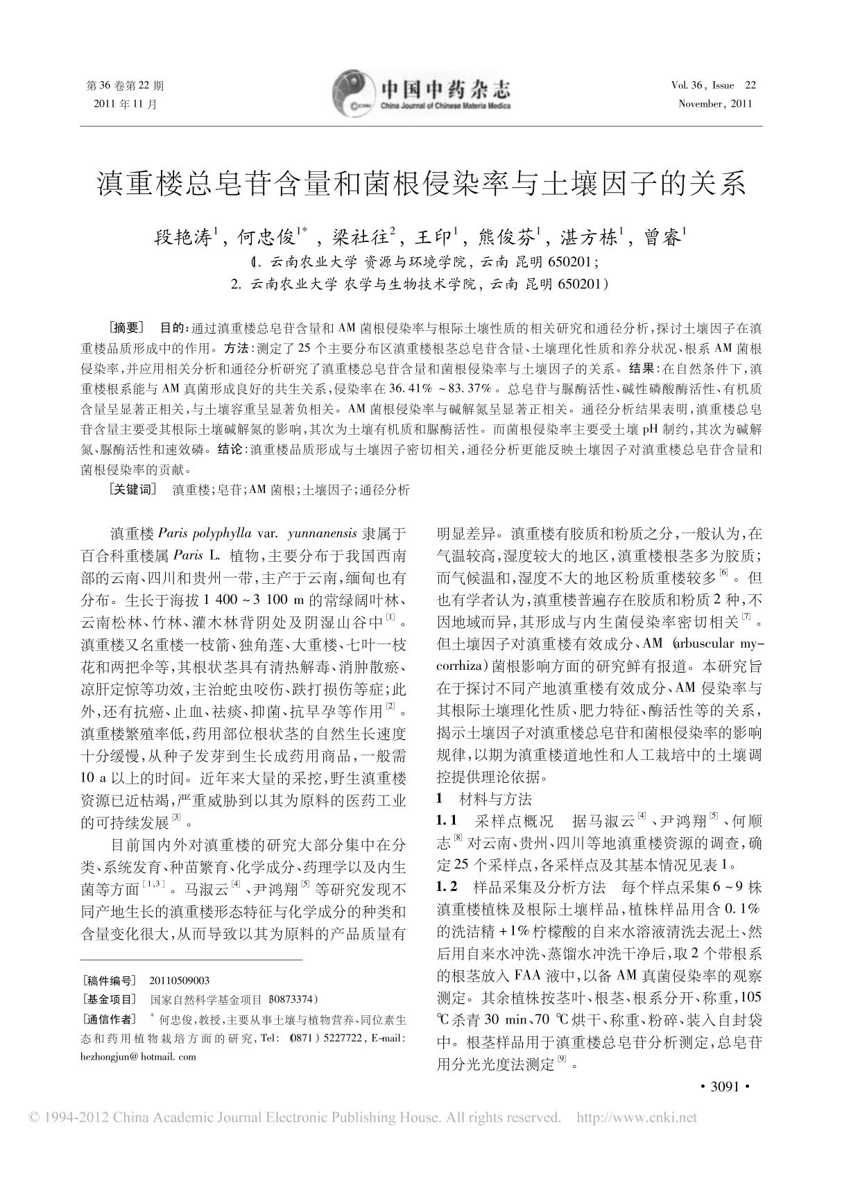 滇重楼总皂苷含量和菌根侵染率与土壤因子的关系