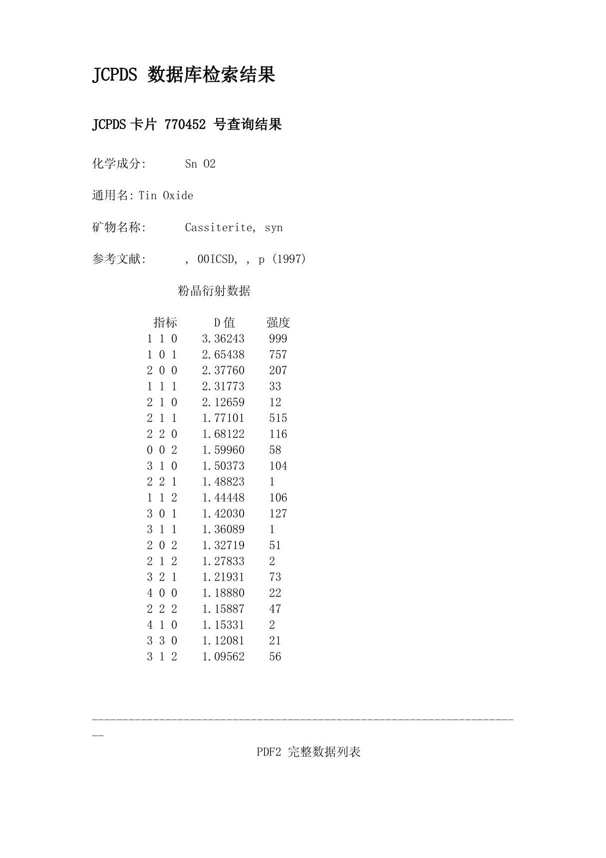 二氧化锡JCPDS卡片数据库