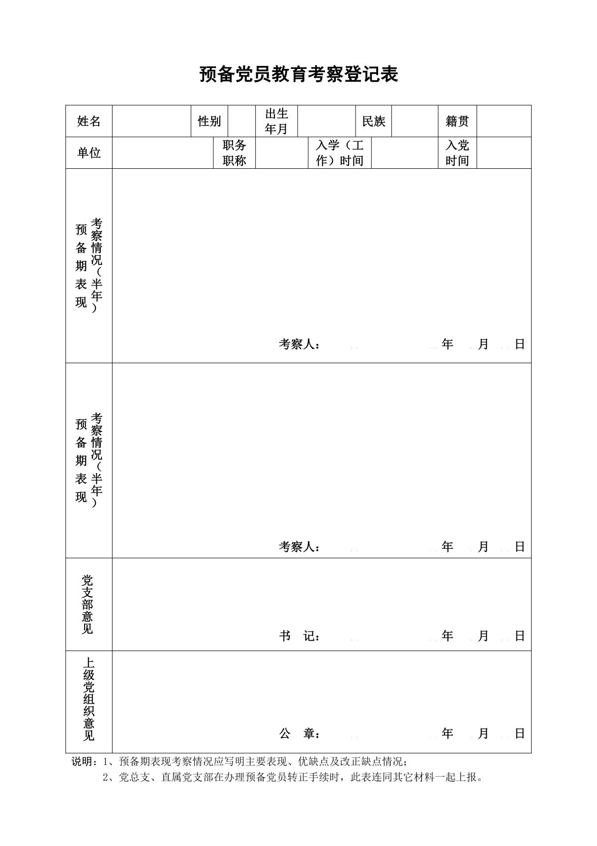 预备党员教育考察登记表(模板)