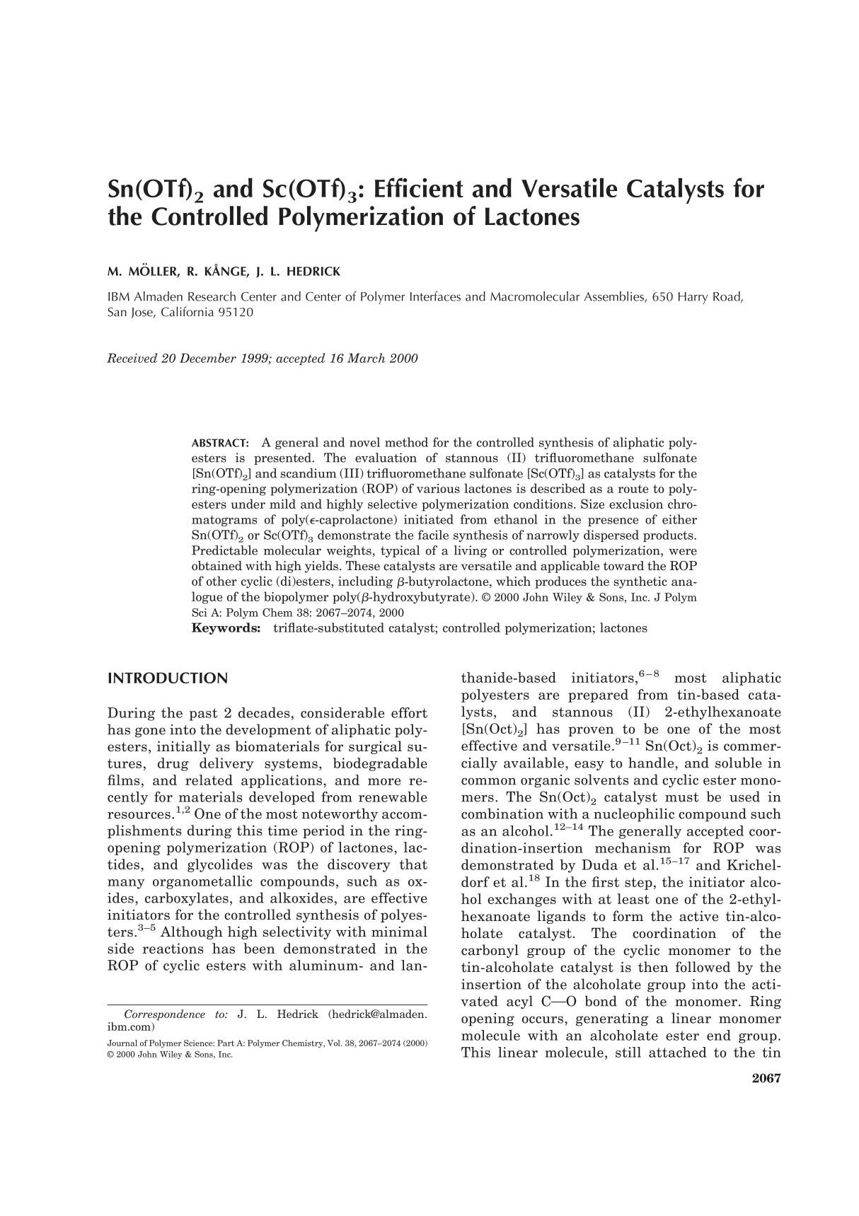 sn(otf)2 and sc(otf)3 efficient and versatile catalysts for the controlled polymerization of lactones