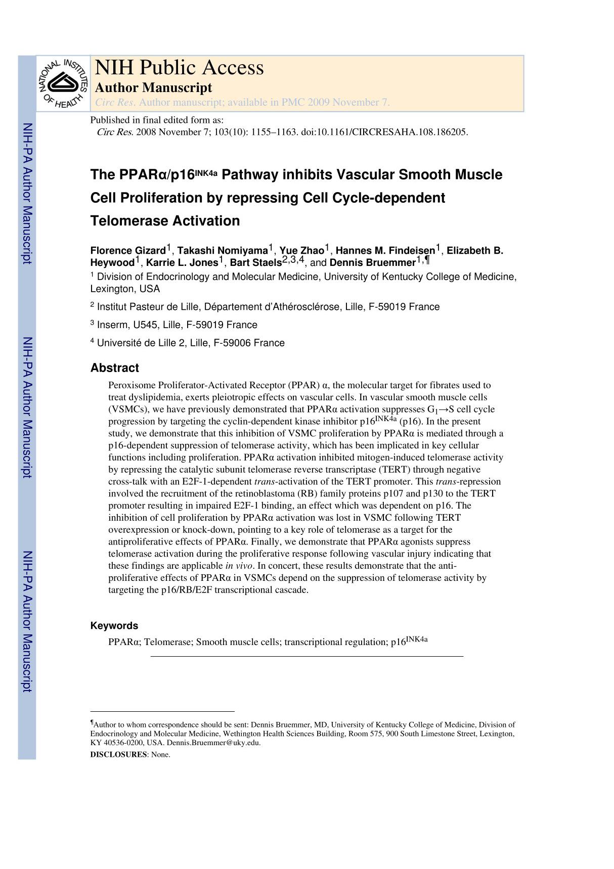 the pparαp16ink4a pathway inhibits vascular smooth muscle cell proliferation by repressing cell cycle-dependent telomerase acti